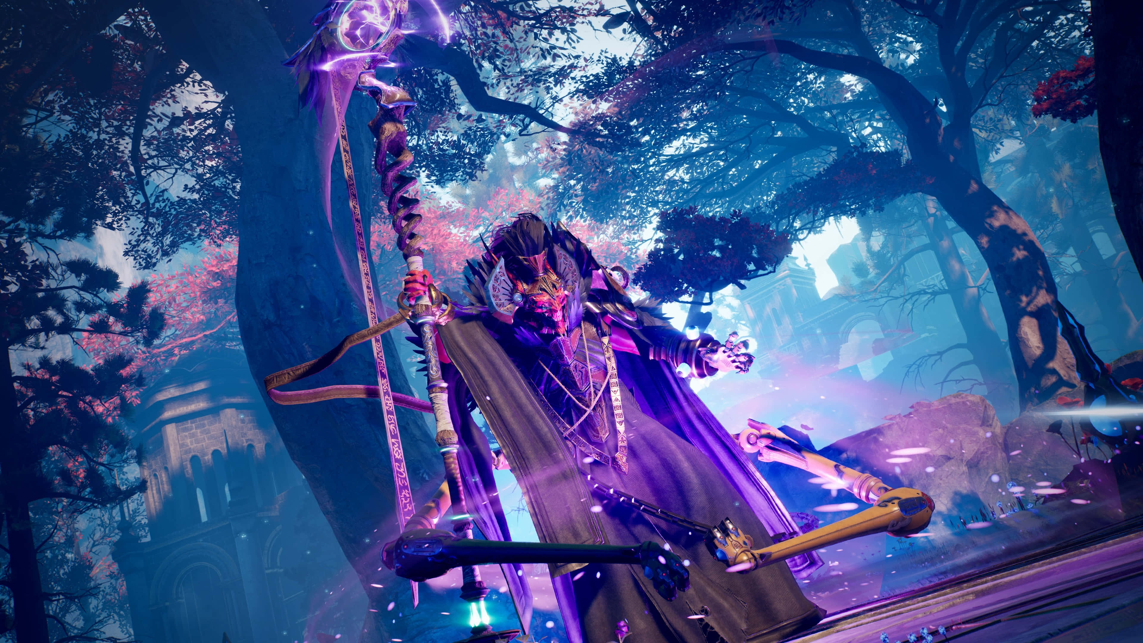 《Godfall》遊戲「Cobalt Calderas」水界紫色流動景觀 4K背景 壁紙 — 一個黑暗奇幻戰士手持發光紫色武器，站在暮色天空下的神秘森林中。