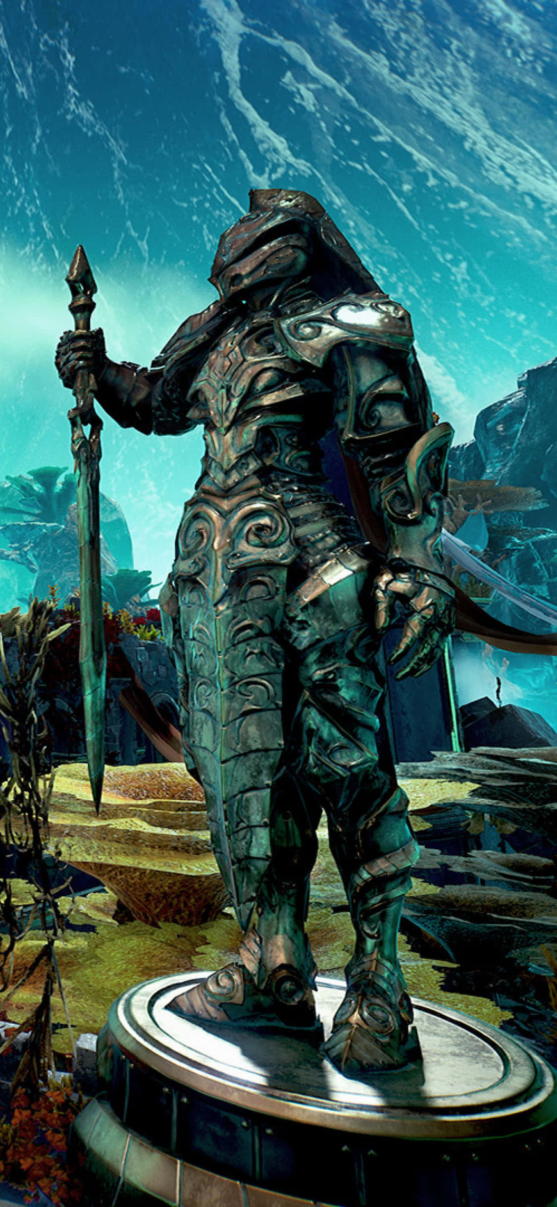 《Godfall》遊戲 iPhone X 背景：銀鬃水境雕像 壁紙 — 一名重甲戰士站在基座上，在旋轉的青綠色天空下持劍。