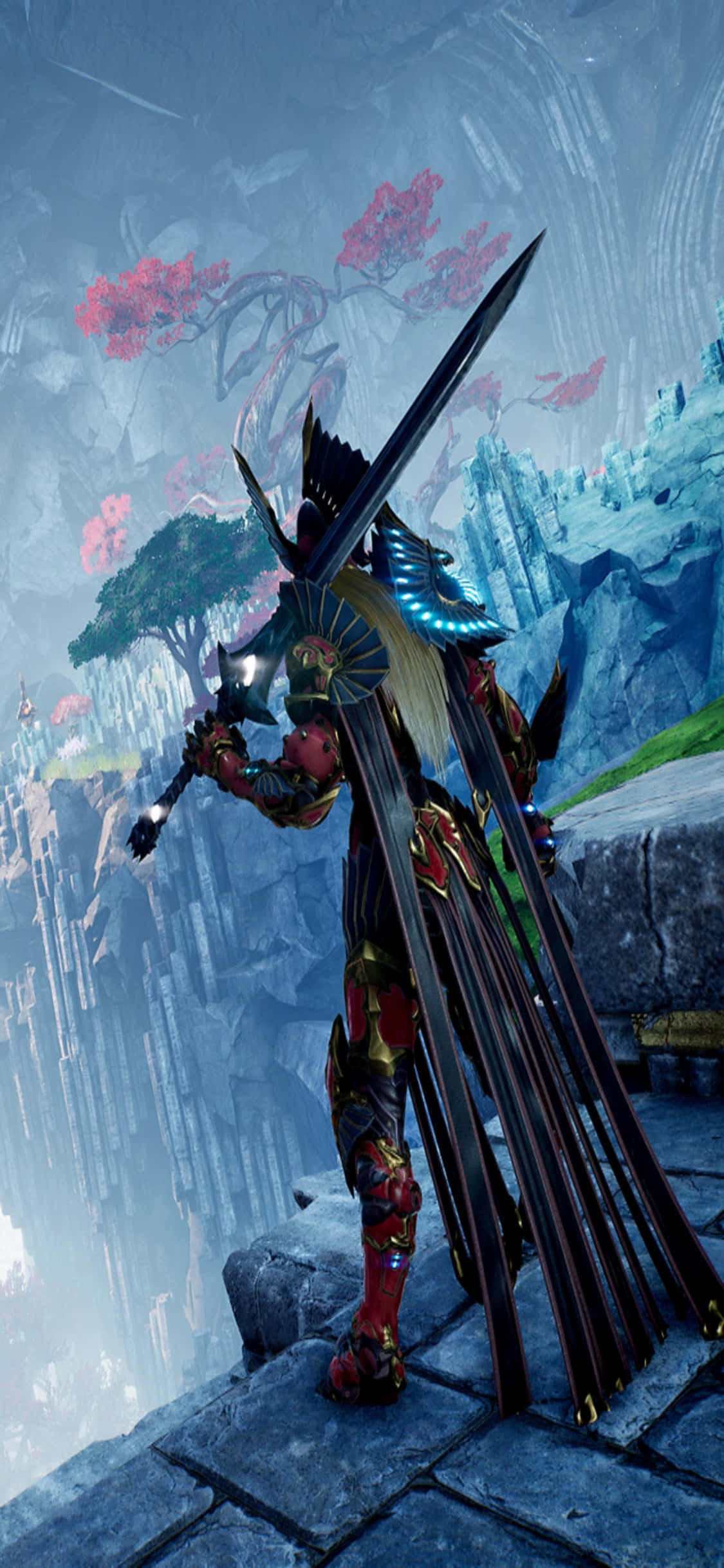 《Godfall》遊戲 iPhone X 背景：鳳凰空境 壁紙 — 一位身穿華麗紅金鎧甲的戰士站在石崖上，手持發光劍，面對著霧氣瀰漫的藍色峽谷，峽谷中有粉紅色的開花樹木。