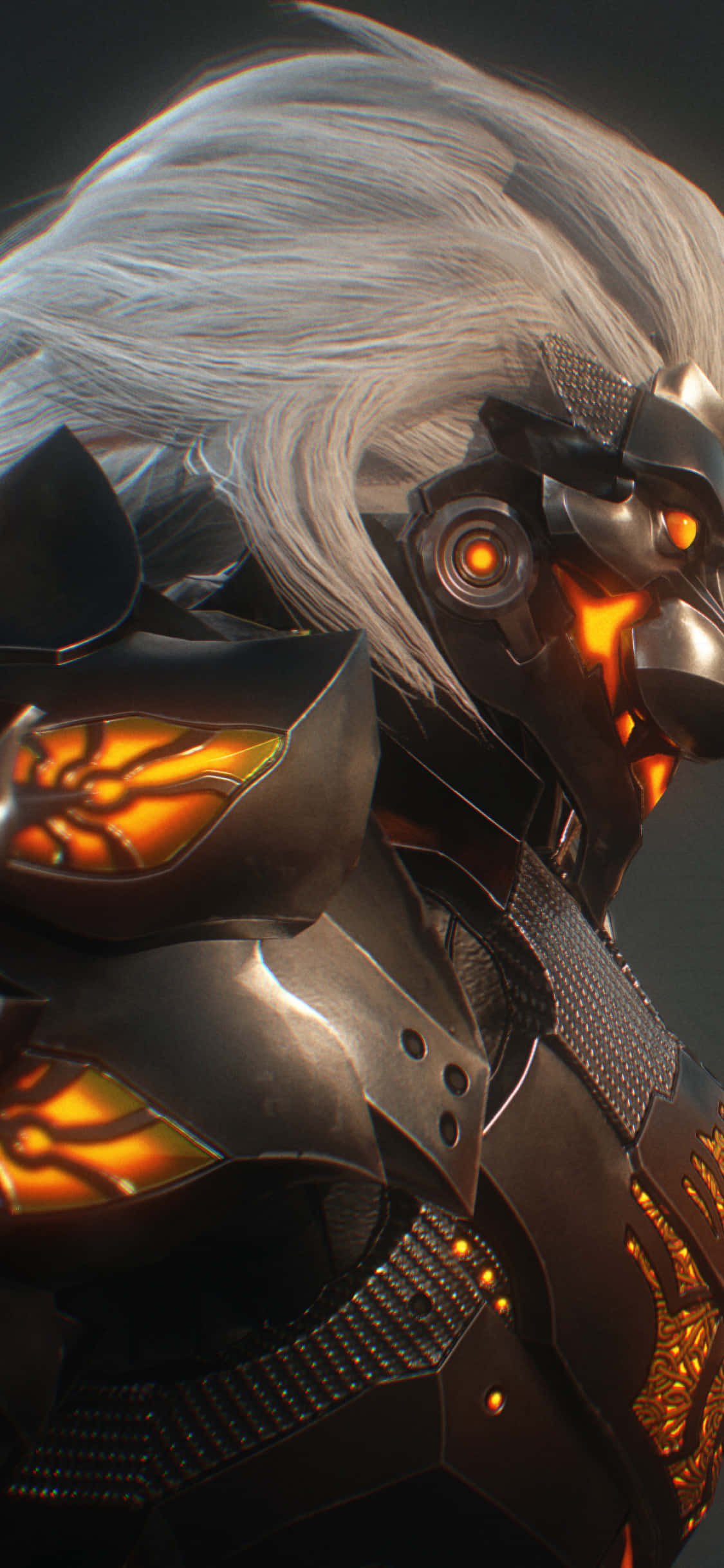 《Godfall》遊戲 iPhone X 背景：銀鬃側面視角 壁紙 — 一位身穿深色金屬盔甲、帶有火橙色點綴的機械戰士，擁有發光的橙色眼睛和白髮。
