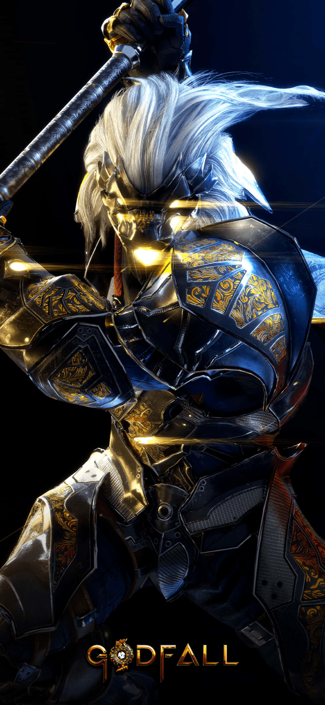 《Godfall》遊戲 iPhone X 背景：馬可斯「狂神」 壁紙 — 一名身穿華麗黑金盔甲的戰士，在黑暗背景下揮舞著發光的劍，光線動態變化。