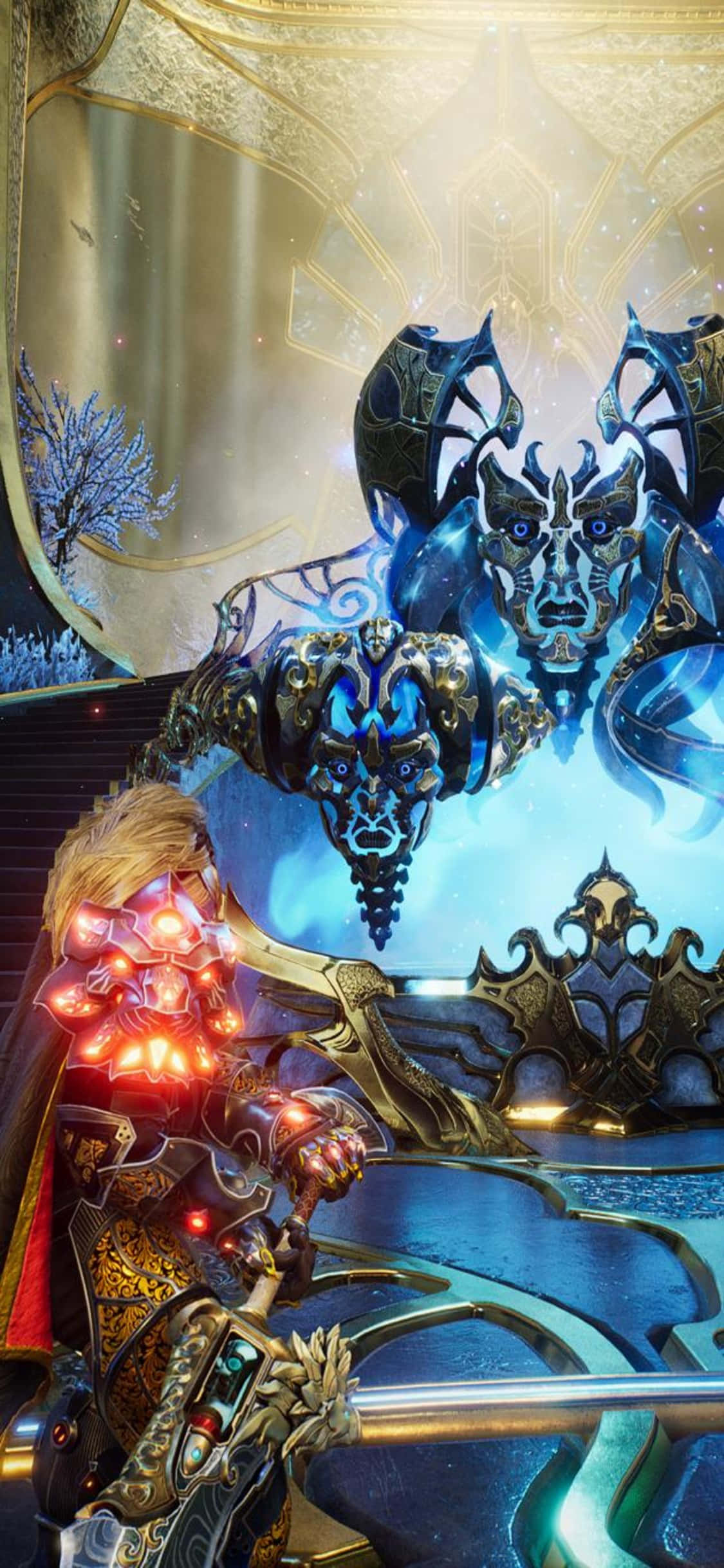 《Godfall》遊戲 iPhone X 背景：第七聖殿 壁紙 — 一名發光裝甲戰士在一個有冰樹的宏偉金色大教堂中面對一個高聳的藍色水晶惡魔。