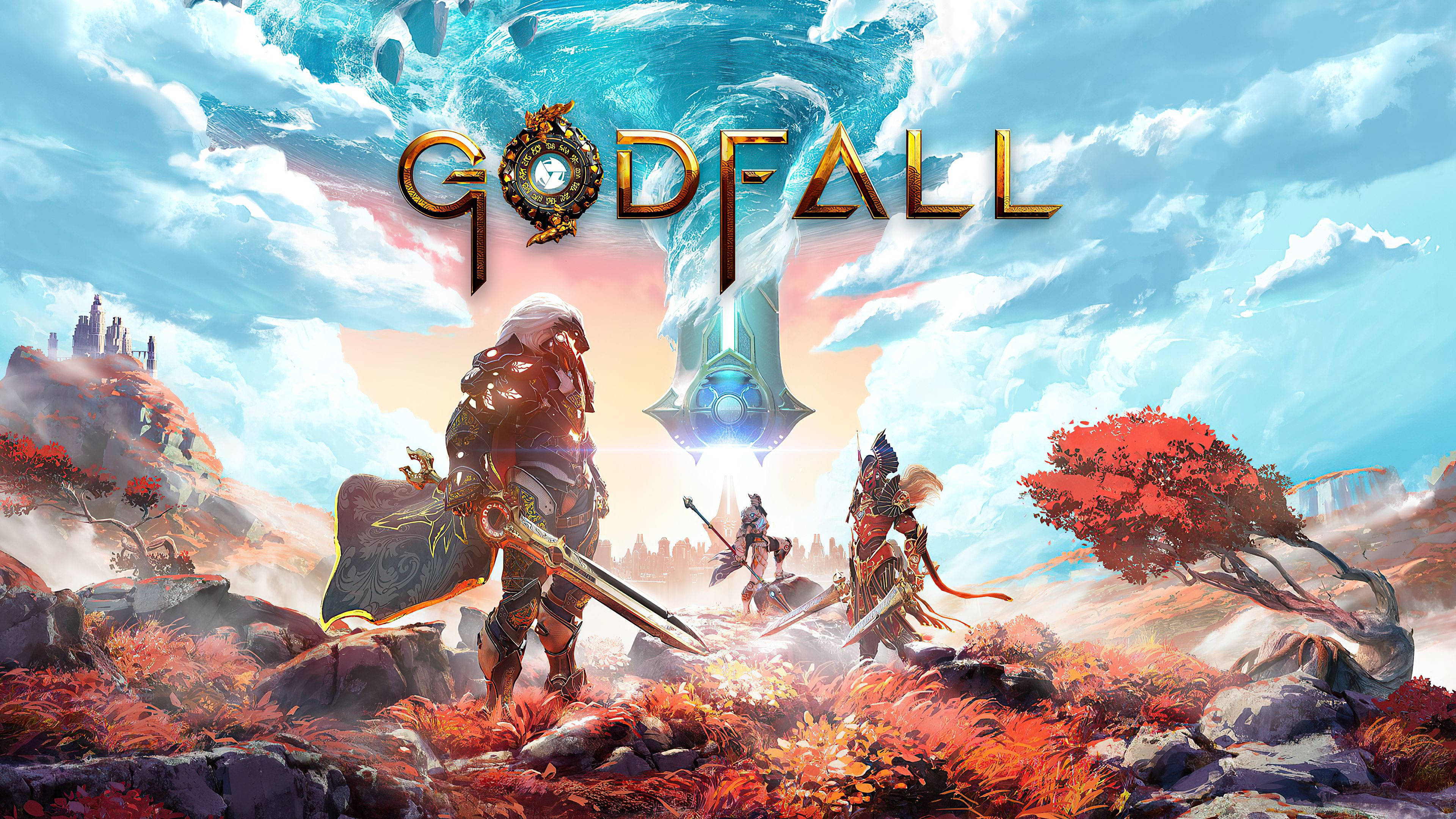 Godfall 遊戲封面 壁紙 — 一位手持發光劍的戰士站在一個漂浮的水晶塔前，背景是充滿活力的奇幻景觀。