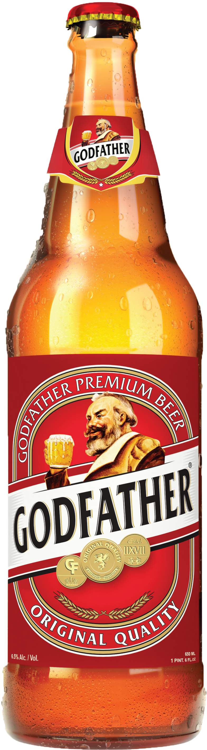 Godfather Premium 啤酒瓶 壁紙 — 冰凍琥珀色啤酒瓶，帶有冷凝水滴，紅色標籤上有一個鬍鬚男手持酒杯。