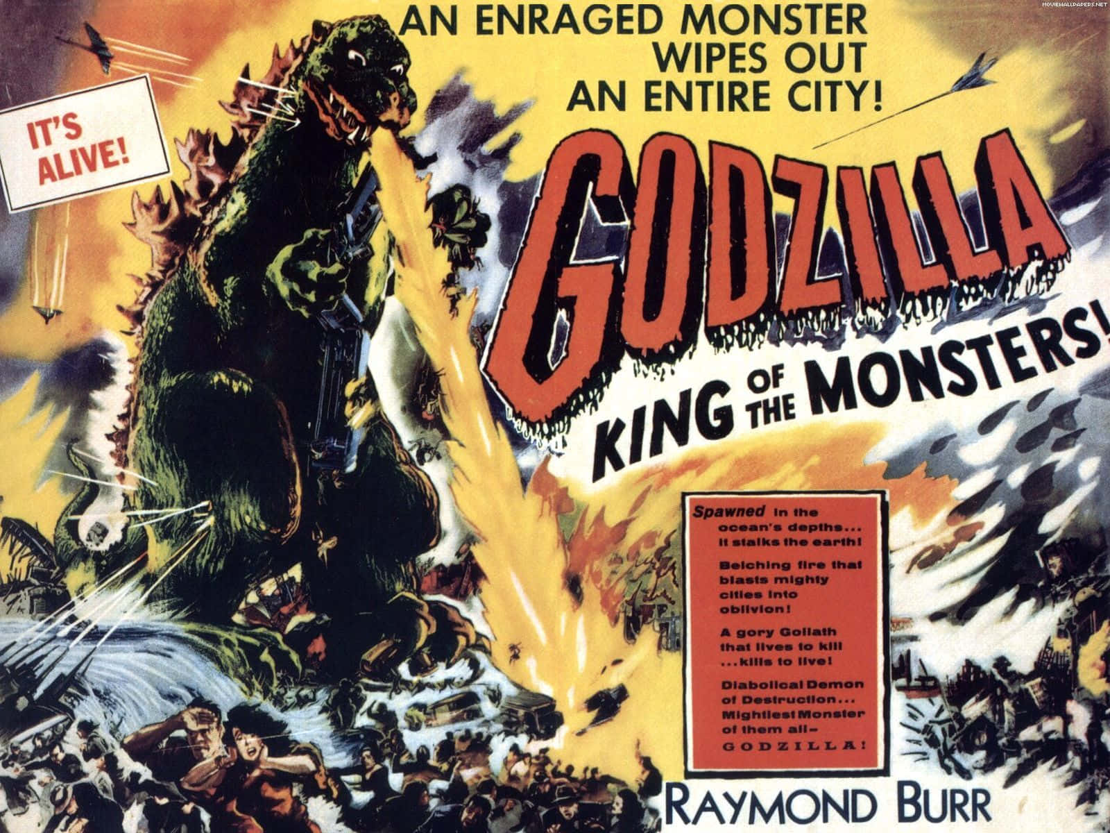 Godzilla 1954 桌布 壁紙 — 哥斯拉咆哮著向混亂的城市噴火，驚慌的人群和逃離的飛機出現在復古怪獸電影海報中。