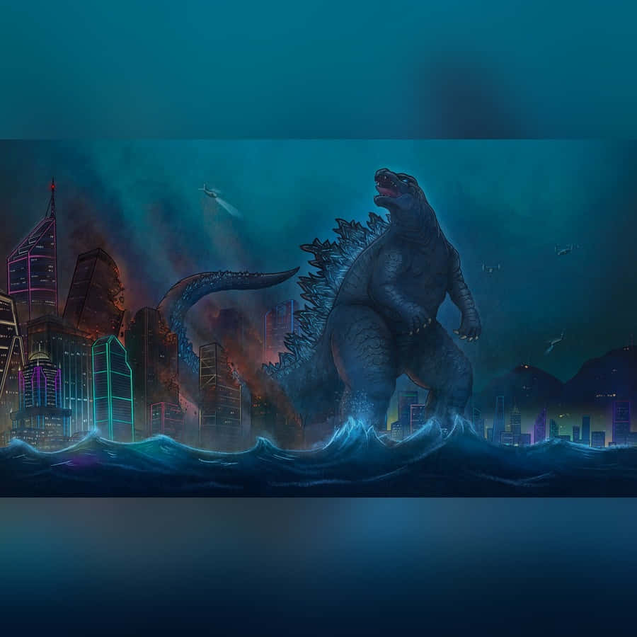 Godzilla City Destruction 桌布 壁紙 — 哥斯拉從霓虹燈照亮的海浪中出現，在深藍綠色的天空下摧毀未來主義的城市景觀。
