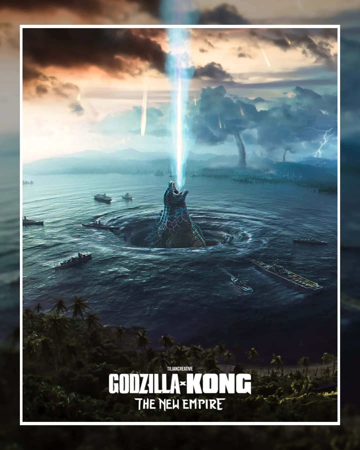 Godzilla X Kong The New Empire 桌布 壁紙 — 哥斯拉從海洋中出現，釋放藍色光束，軍艦在暴風雨的天空下逃離。
