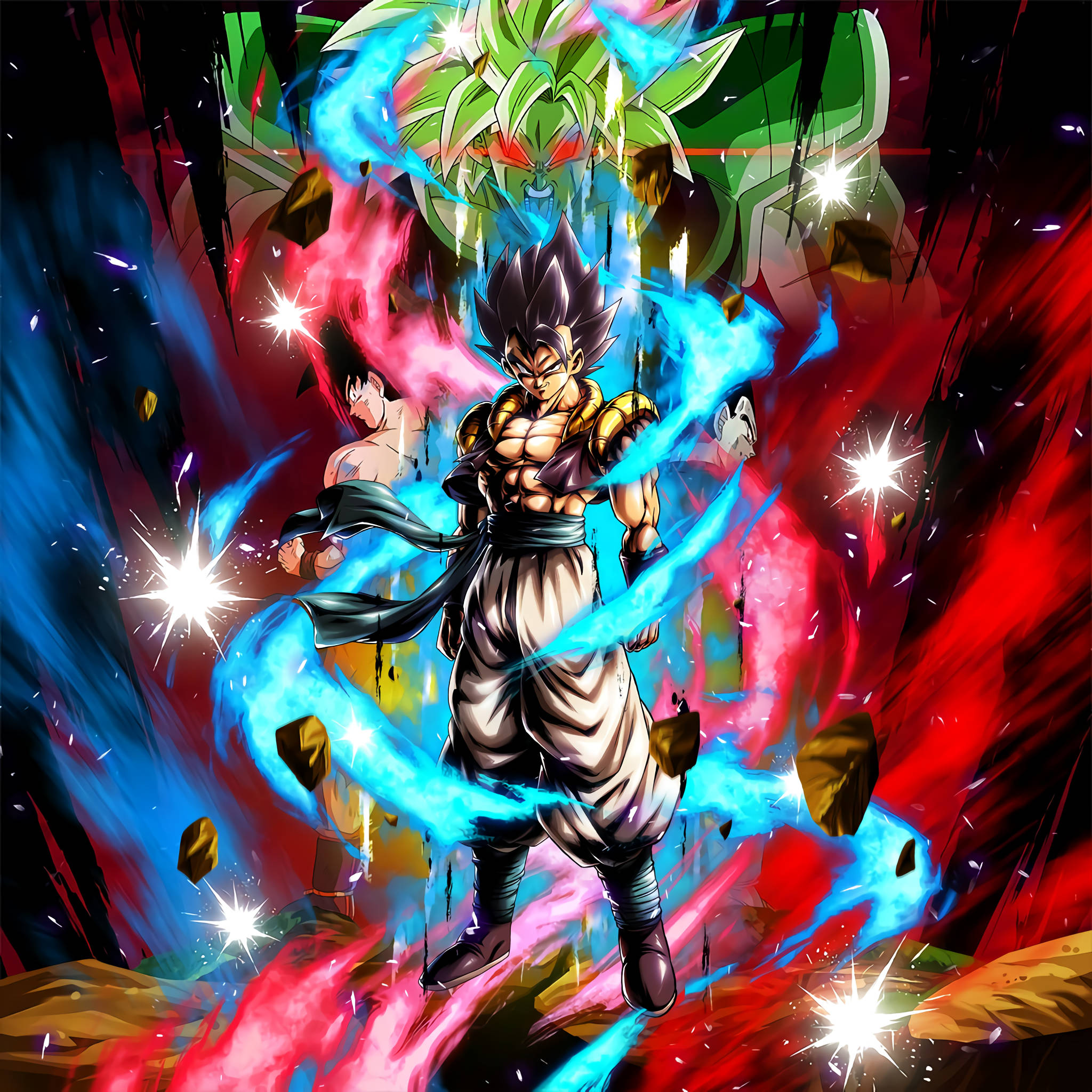 Gogeta、Goku 與 Vegeta 壁紙 — 一位強大的動漫戰士，擁有尖刺黑髮和發光的藍色光環，挑釁地站著，而一個巨大的綠髮身影在他身後隱現，背景是火紅和電藍色。
