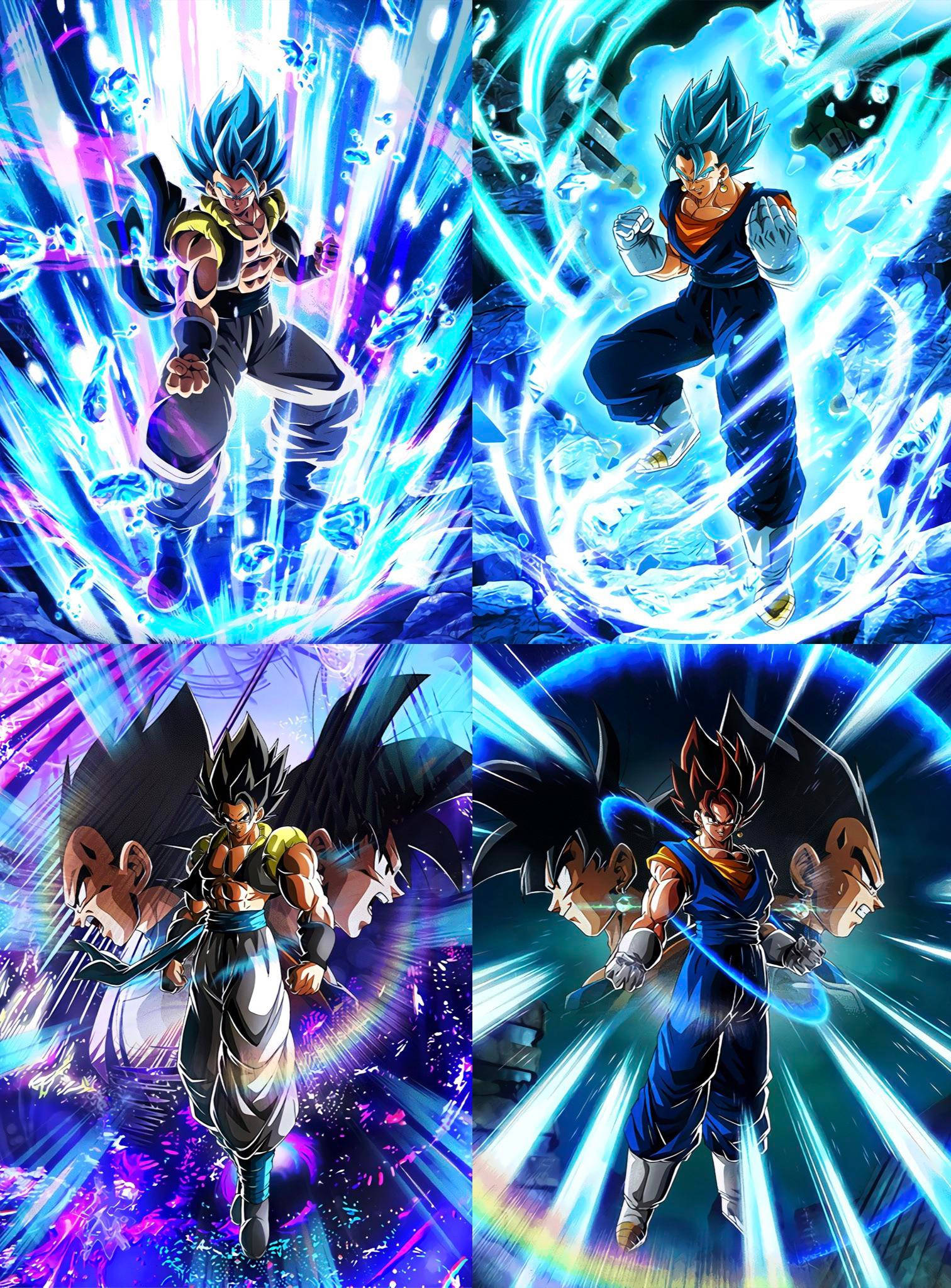 Gogeta 最終融合 壁紙 — 四位動漫戰士在星空背景下釋放出充滿活力的藍色、紫色和金色能量爆發。