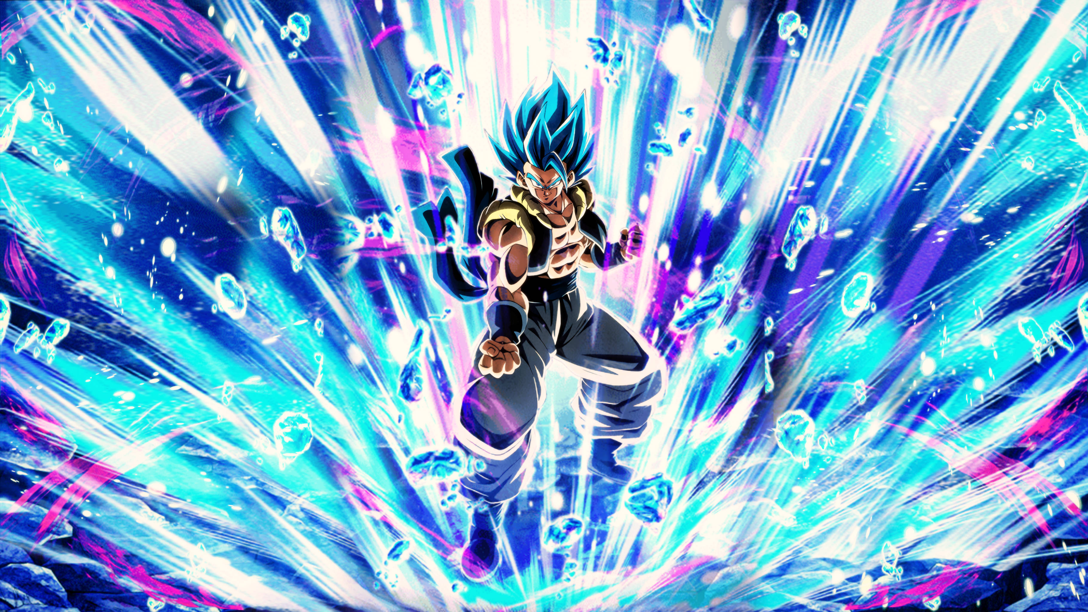 Gogeta 準備戰鬥 壁紙 — 一位藍髮動漫戰士以動態戰鬥姿勢釋放出電光藍色和紫色的能量爆發。