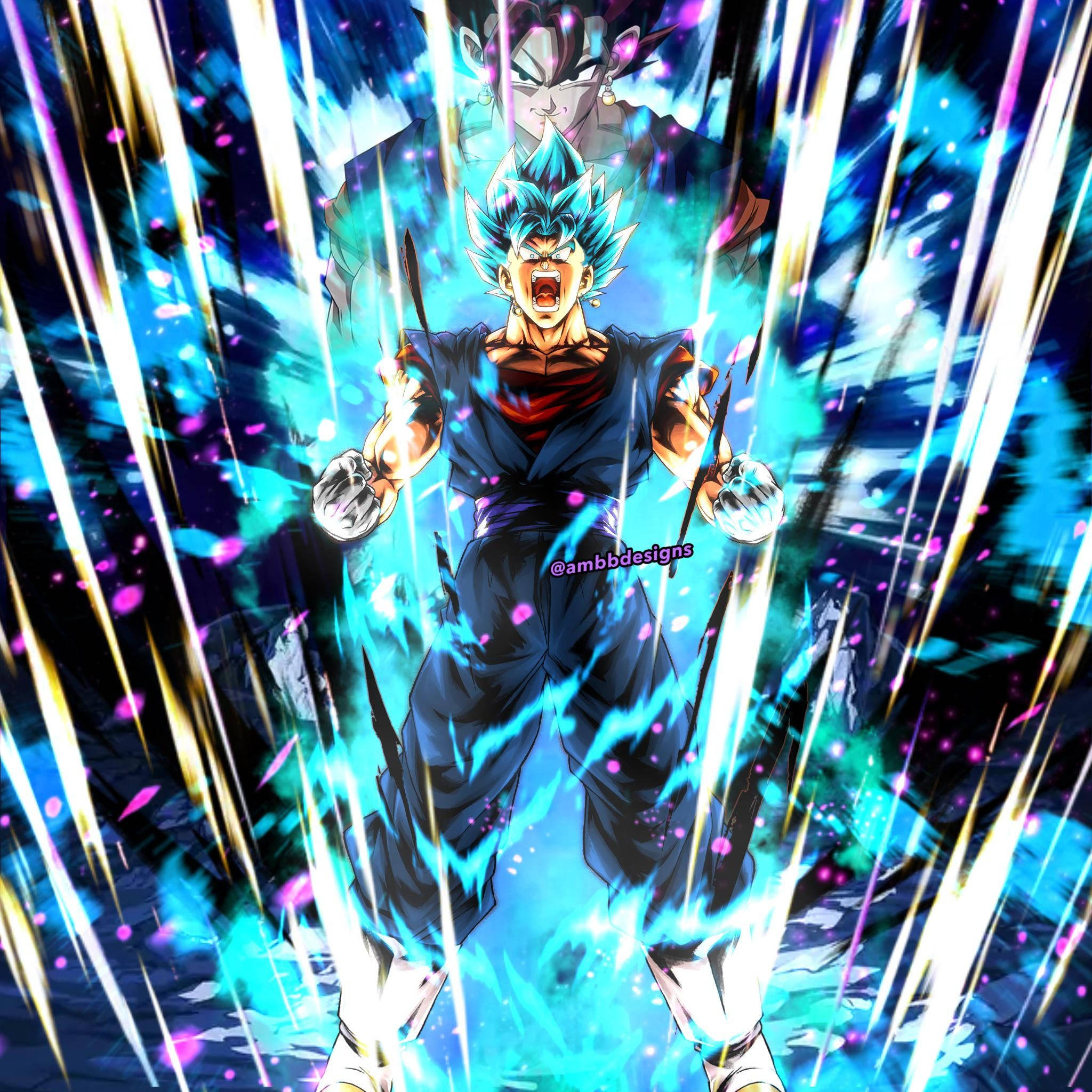 Gogeta 狂暴力量 壁紙 — 藍髮動漫戰士在黑暗宇宙背景下咆哮，能量光束在他周圍爆炸。