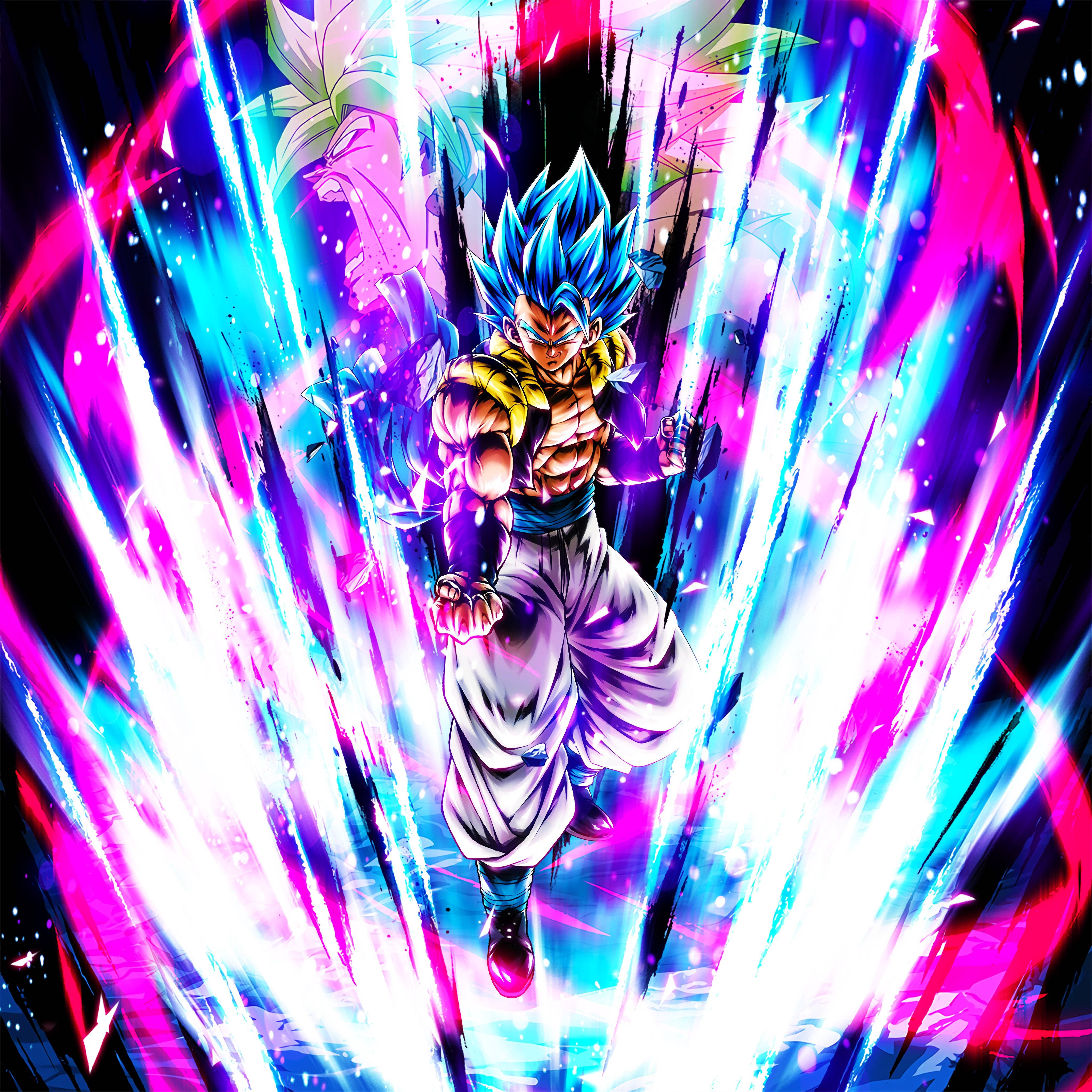 Gogeta 環繞光效 壁紙 — 藍髮動漫戰士在黑暗的宇宙背景下散發出強烈的粉紅色和青色能量光束。
