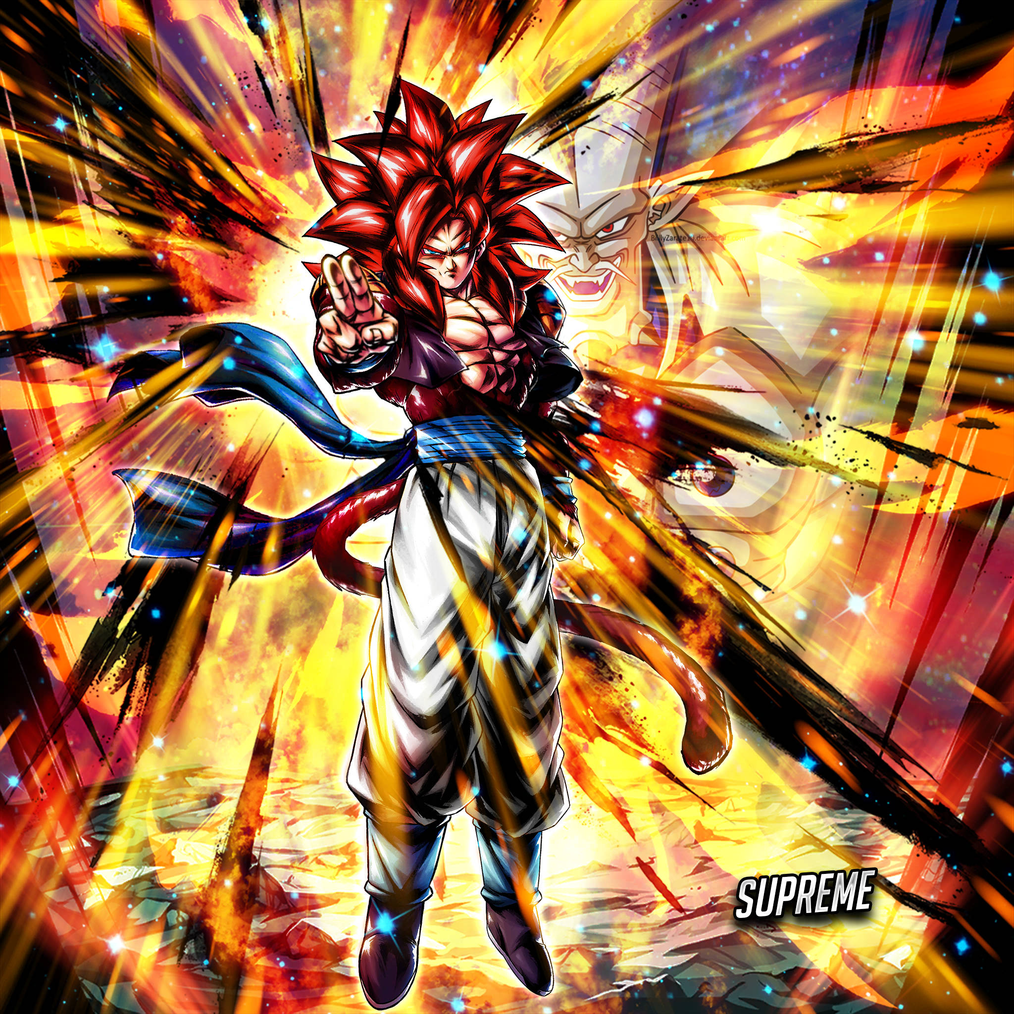Gogeta 紅髮造型 壁紙 — 一位擁有紅髮和發光氣場的強大動漫戰士，在熾熱的宇宙背景下向前猛擊。