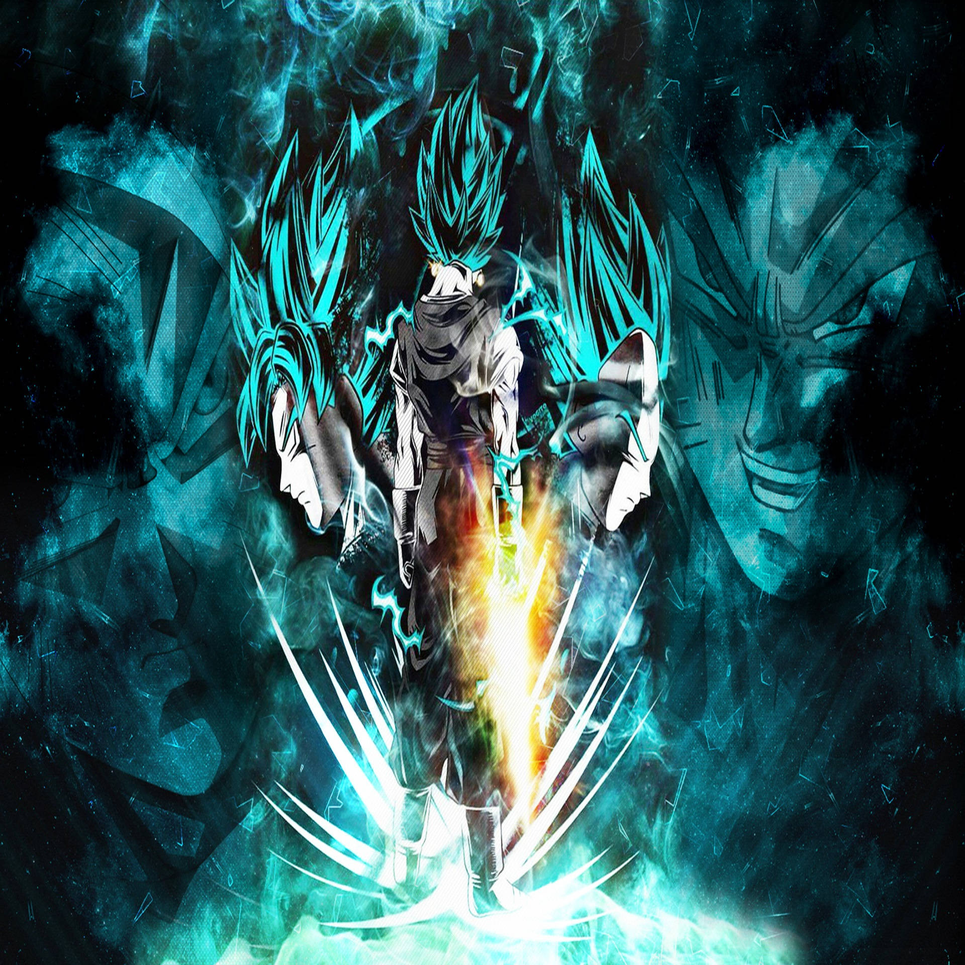 Gogeta 與 Goku 與 Vegeta 壁紙 — 動漫戰士擁有尖刺藍色頭髮，在深藍綠色宇宙風暴中釋放火焰能量，周圍環繞著幽靈面孔。