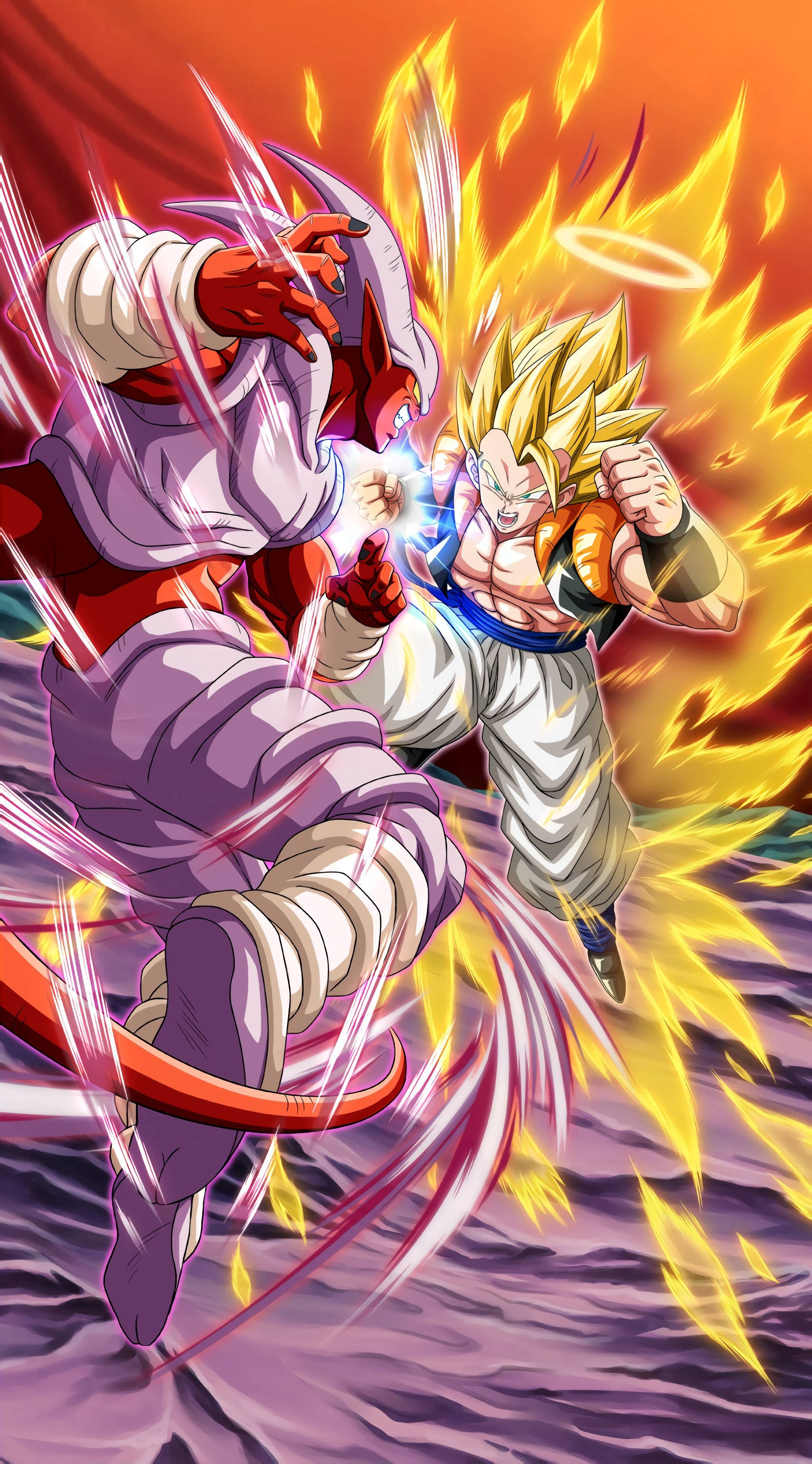Gogeta 與 Janemba 戰鬥 壁紙 — 兩位動漫戰士在半空中碰撞，發出發光的能量爆炸，背景是火熱的橙色和紫色天空。