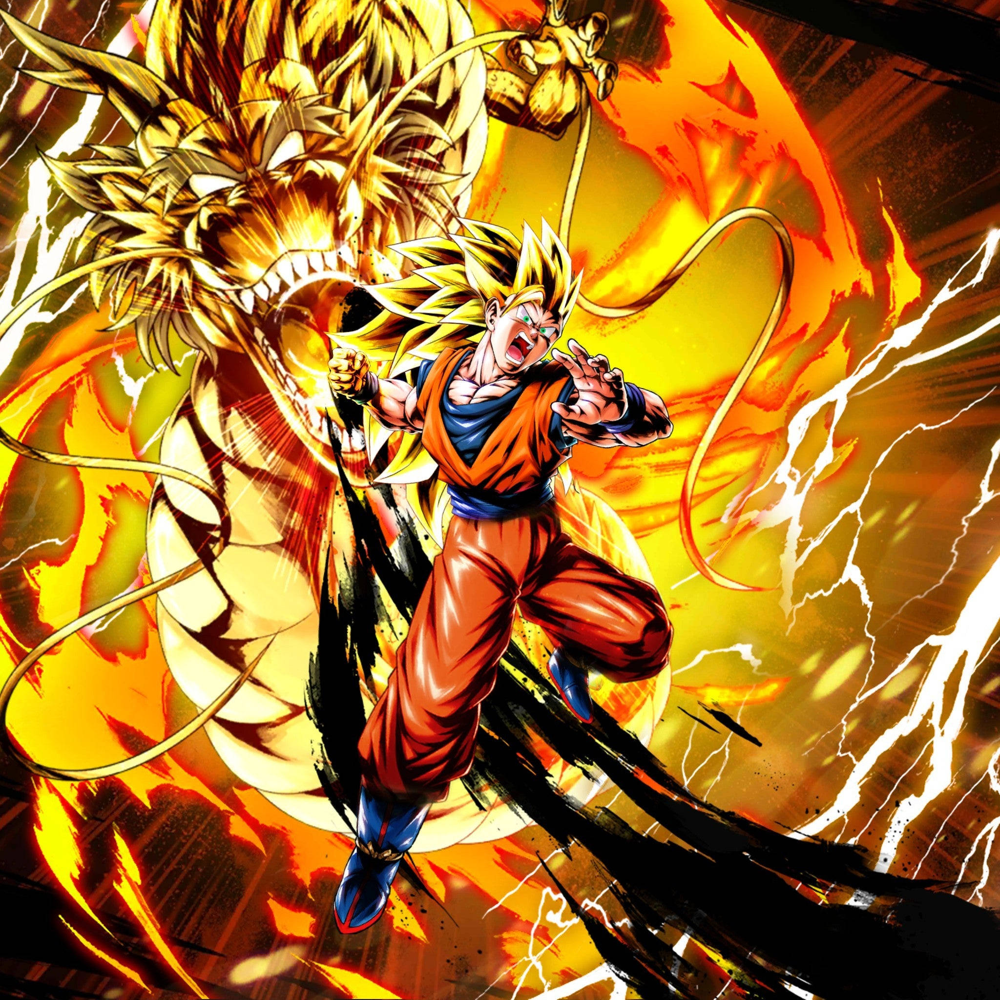 Gogeta 與黃龍 壁紙 — 一位身穿橙色道服的強大動漫戰士在熾熱爆炸和噼啪閃電中與一條金龍戰鬥。