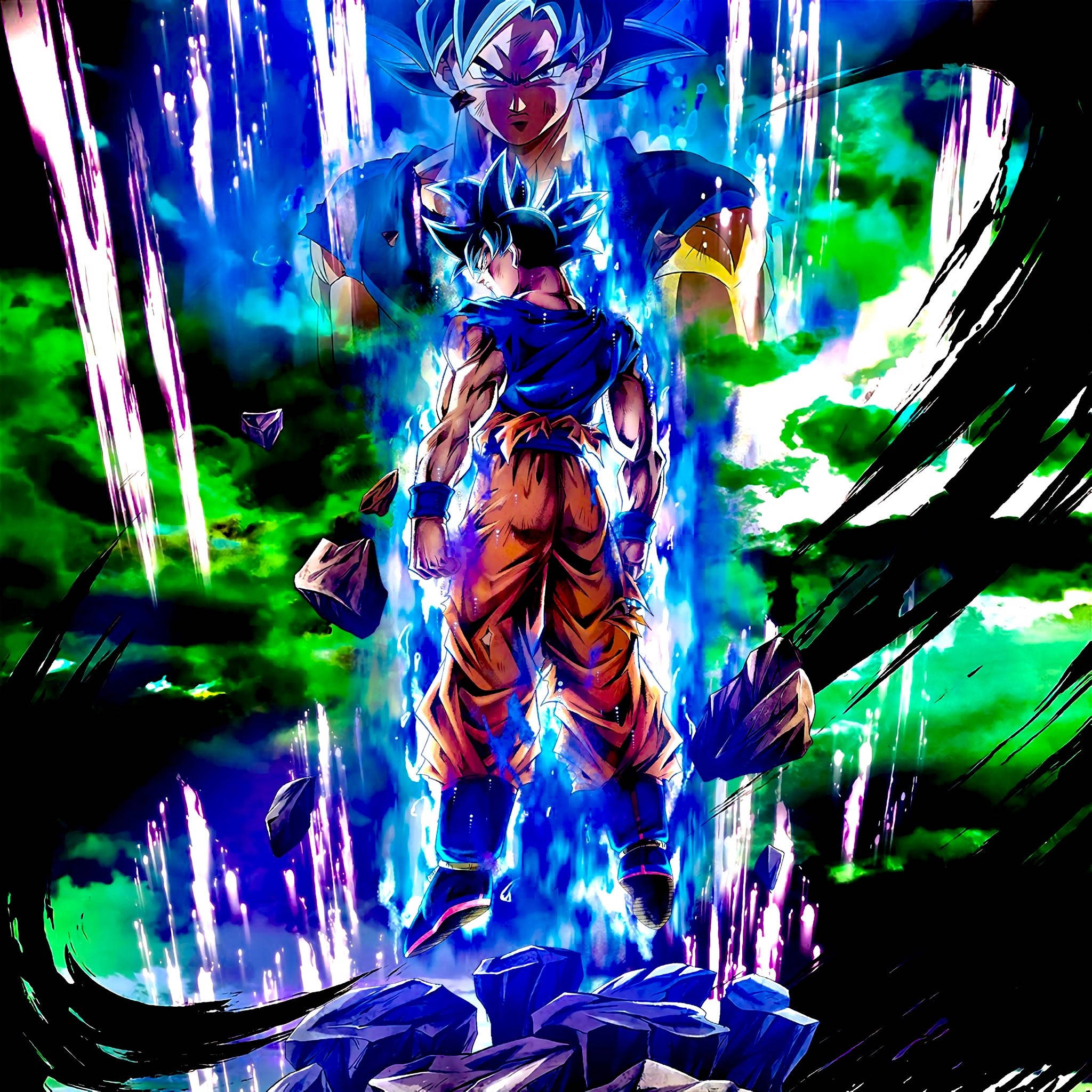 Gogeta 藍光環繞 壁紙 — 一個擁有藍色頭髮和發光氣場的強大動漫戰士，挑釁地站在破碎的岩石和充滿活力的綠色和藍色能量爆發之中。