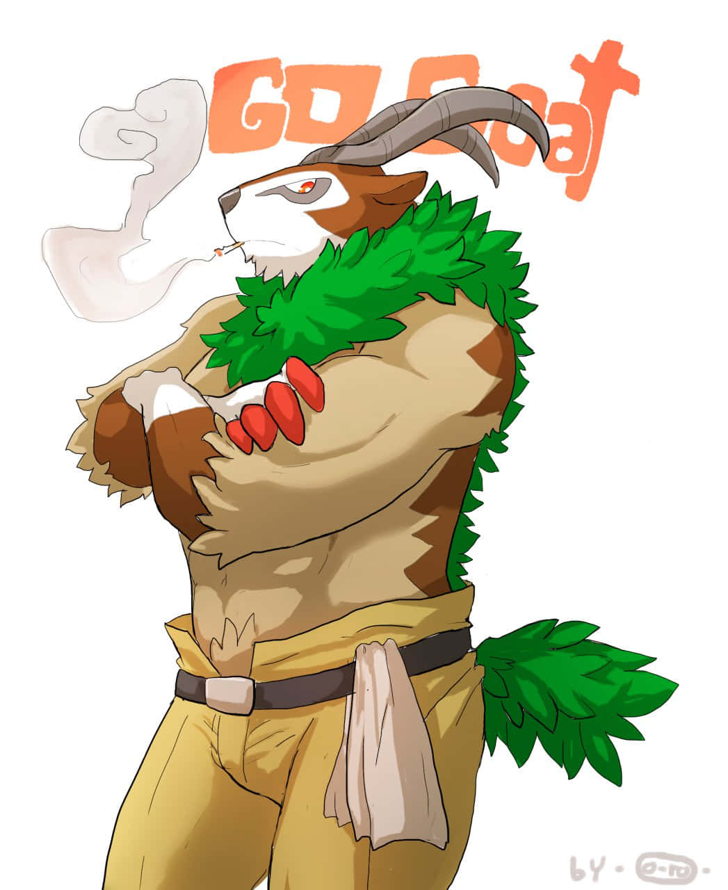 Gogoat 在繁茂叢林中 壁紙 — 一隻肌肉發達的擬人化山羊，有著綠色葉狀鬃毛和尾巴，正在抽煙，上方漂浮著「GO GOAT」文字。