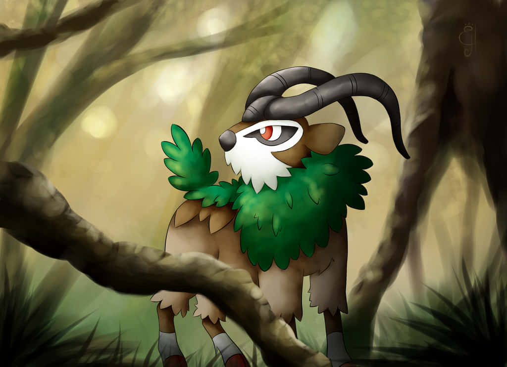 Gogoat置身神秘森林 壁紙 — 一隻像山羊的寶可夢，擁有綠色葉狀鬃毛和彎曲的角，警覺地站在陽光斑駁的森林中。