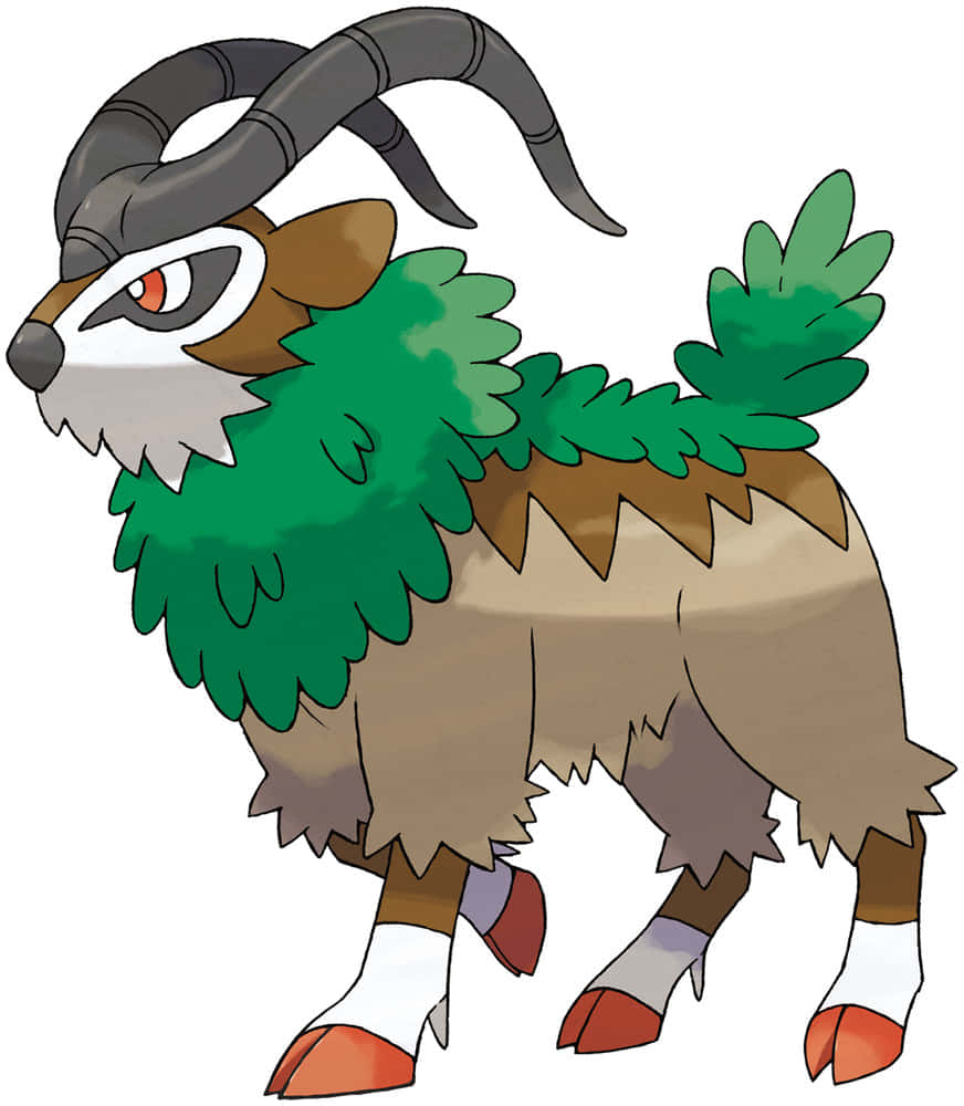 Gogoat 白色背景圖像 壁紙 — 一隻風格化的動漫山羊寶可夢，擁有綠色葉狀鬃毛和彎曲的角，在純白色背景前警覺地站立。