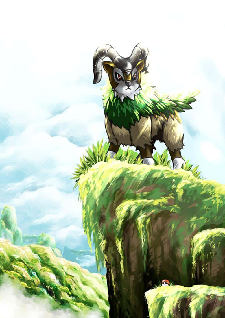 Gogoat立於青草懸崖 壁紙 — 一隻雄偉的、像山羊的寶可夢，擁有銀色角和綠色鬃毛，站在長滿苔蘚的懸崖上，俯瞰著霧氣瀰漫的山谷。