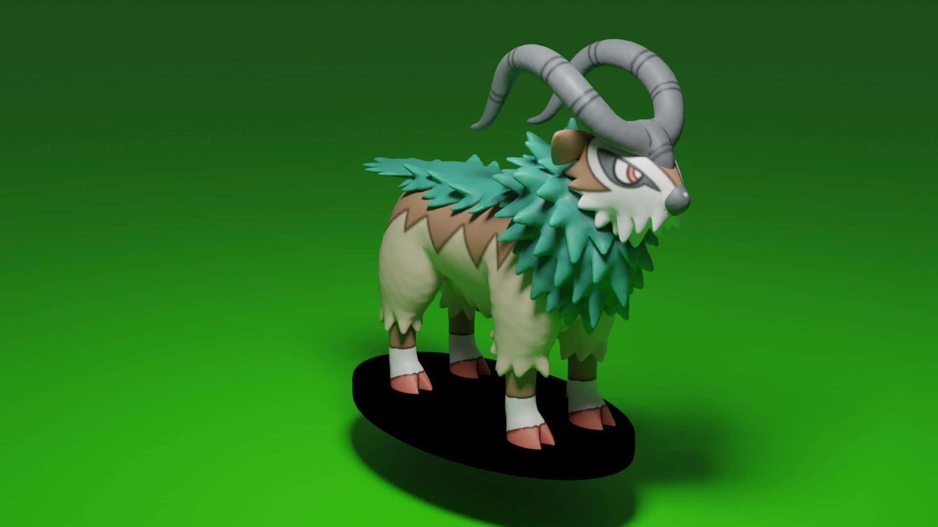 Gogoat立體模型 壁紙 — 一隻3D渲染、像山羊的小精靈，擁有綠色葉狀鬃毛和彎曲的角，站在黑色底座上，背景是純綠色。