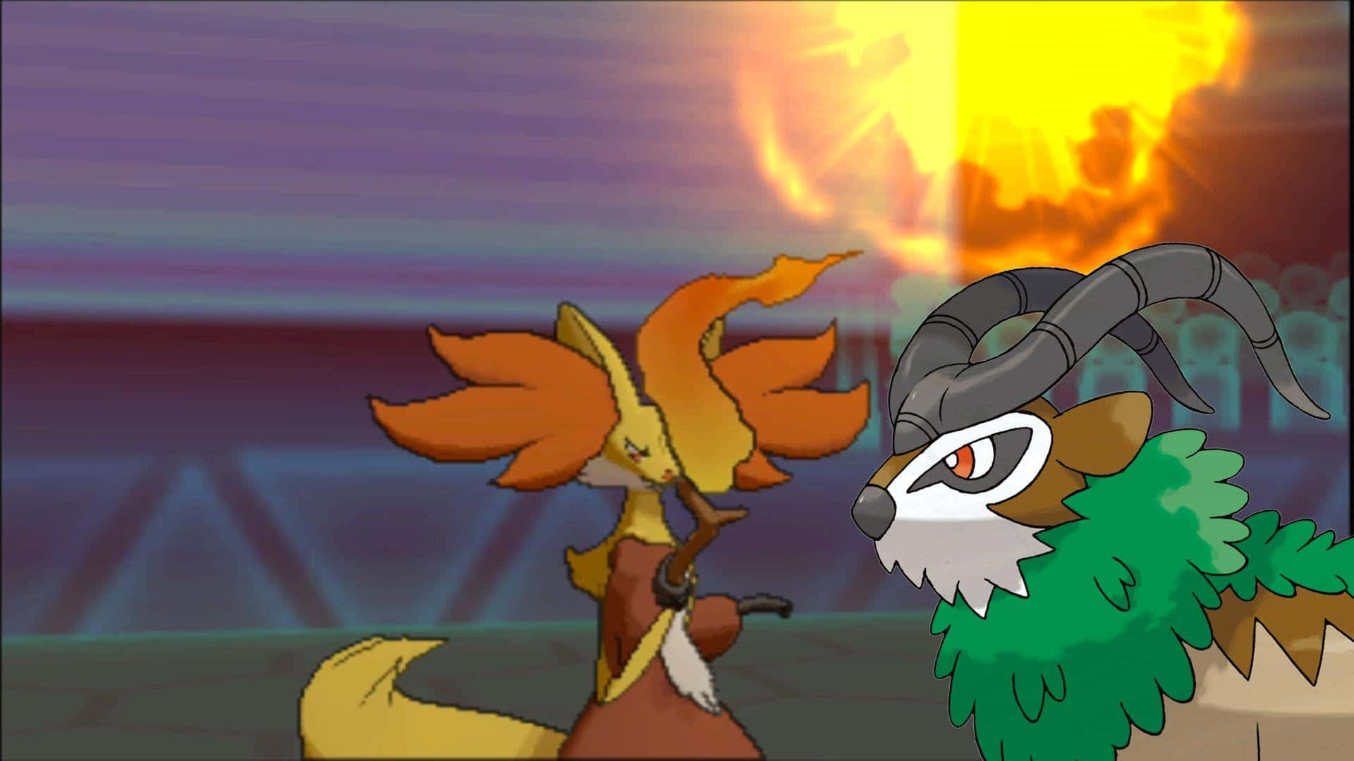 Gogoat與Delphox 壁紙 — 兩隻動漫風格嘅寶可夢喺火紅日落背景下對峙，上演一場戲劇性嘅戰鬥場面。