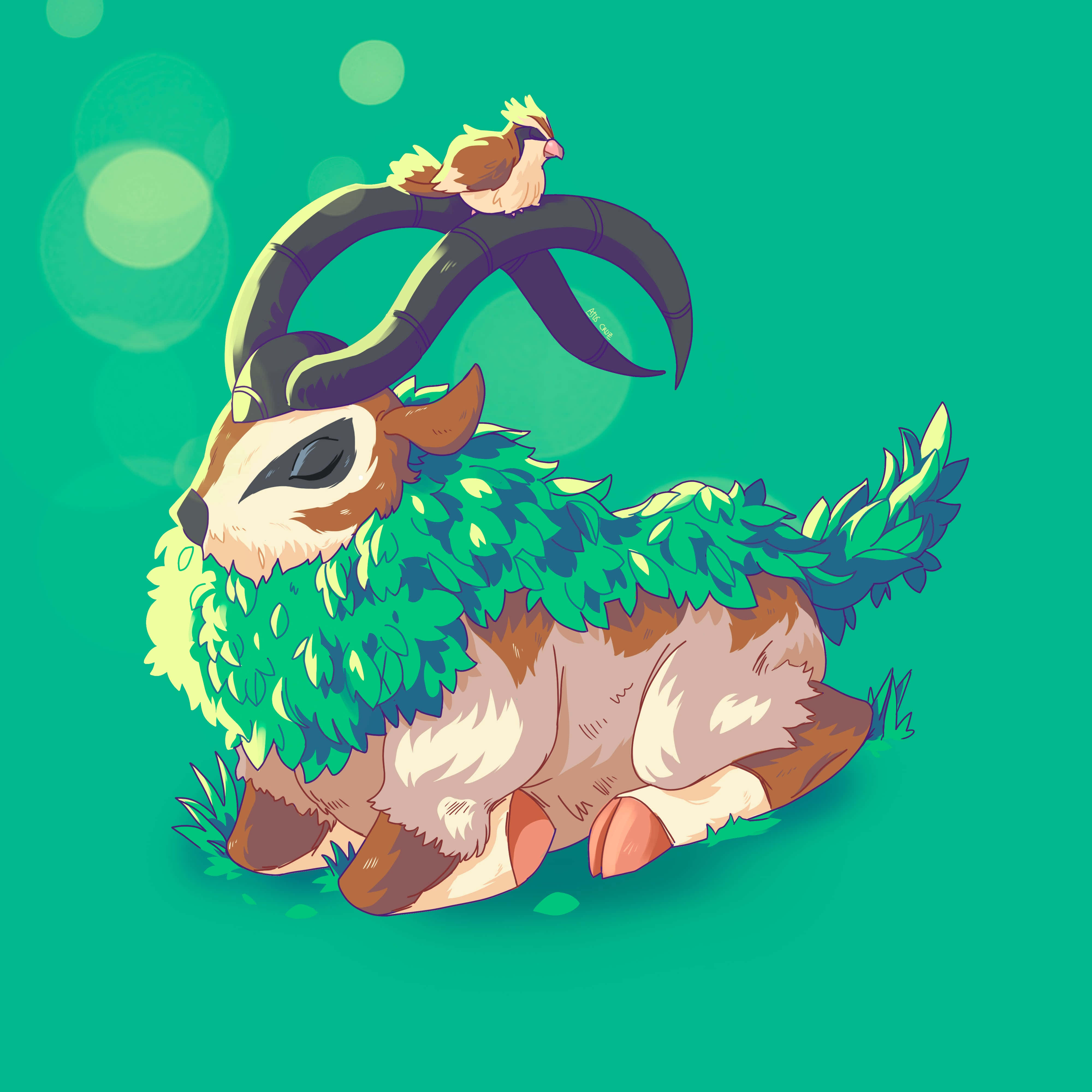 Gogoat與Pidgey休憩 壁紙 — 一隻可愛的插圖山羊，擁有葉狀皮毛和彎曲的角，在青綠色背景和柔和散景中靜靜休息，一隻小鳥棲息在它的角上。