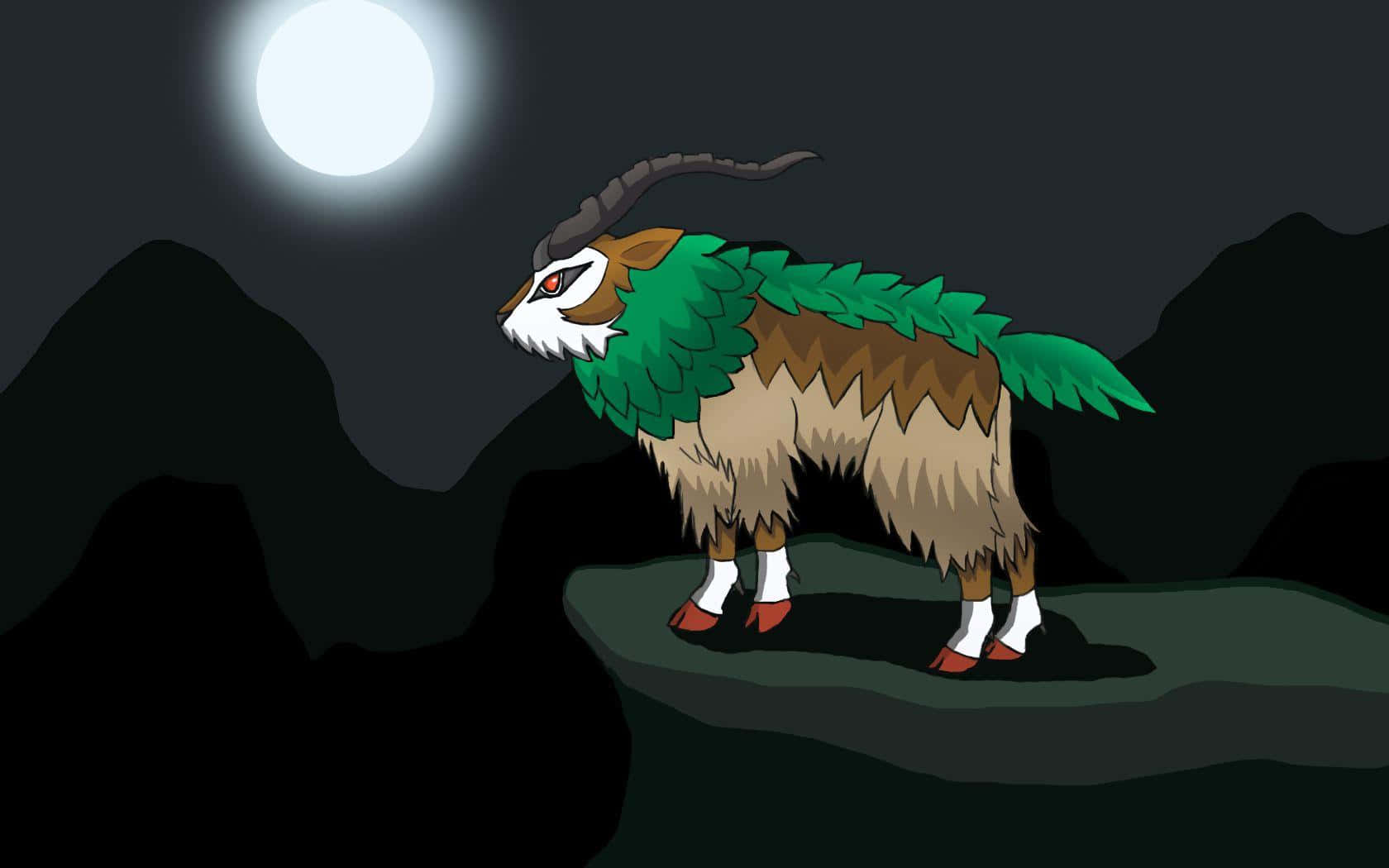 Gogoat與滿月 壁紙 — 一隻神話中像山羊的生物，有著綠色葉狀鬃毛和尾巴，站在懸崖上，背景是黑暗的山脈，頭頂一輪明亮的滿月。