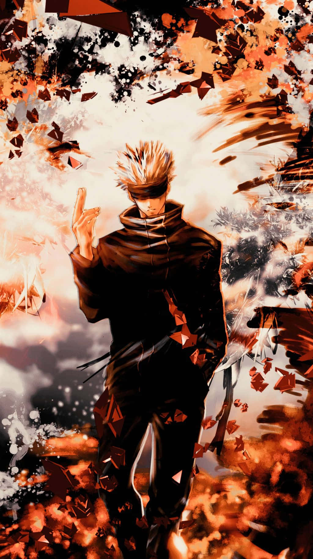 優雅動畫Gojo《咒術迴戰》 壁紙 — 一個頭髮尖刺的動漫戰士穿著深色長袍，挑釁地站著，周圍爆炸著熾熱的橙色和黑色碎片。
