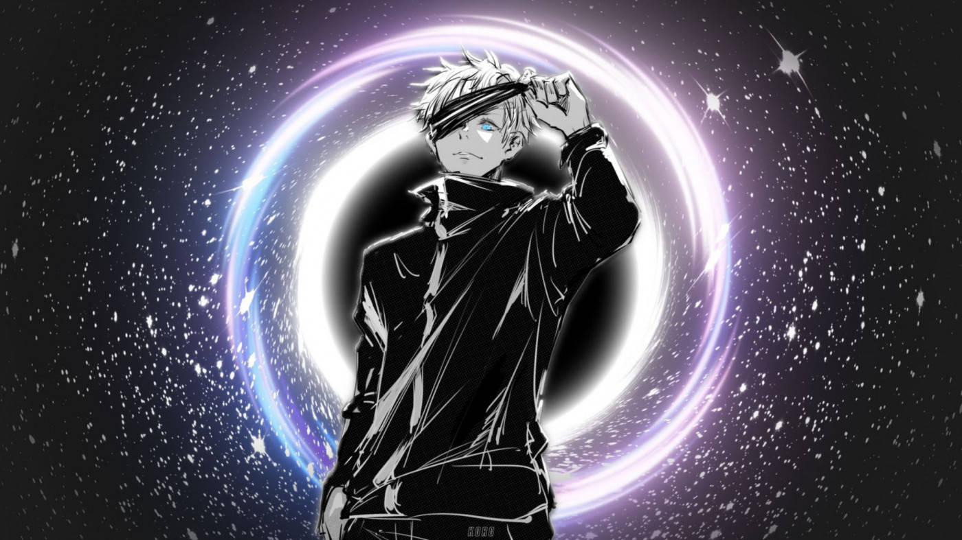 欣賞 Gojo Satoru 的壯麗風景 壁紙 — 一個風格化的動漫男孩，白髮蒙眼，站在閃耀的宇宙環前，背景是繁星點點的夜空。