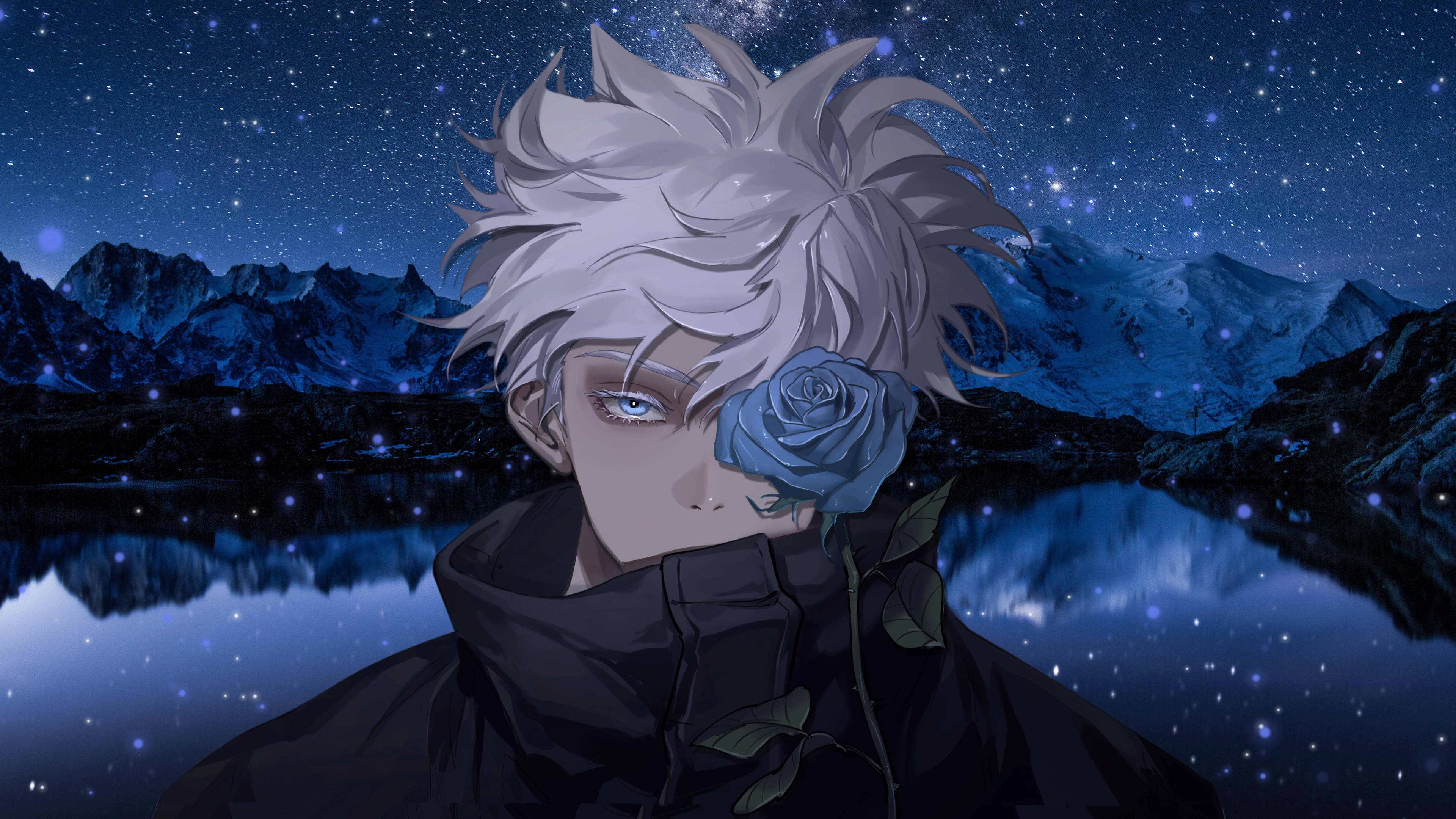 Gojo Satoru 與黑玫瑰 壁紙 — 一個銀髮動漫角色在星空夜空、雪山和反射湖水的背景下手持一朵藍玫瑰。