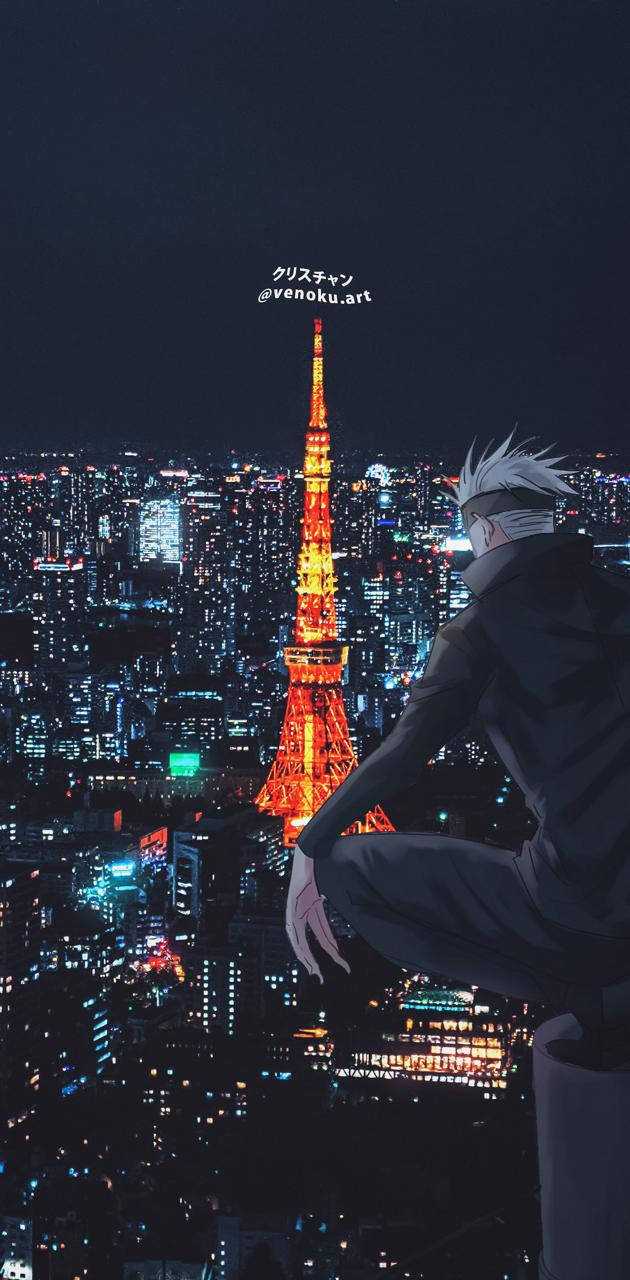 動漫角色在夜晚俯瞰東京鐵塔，燈光閃爍。