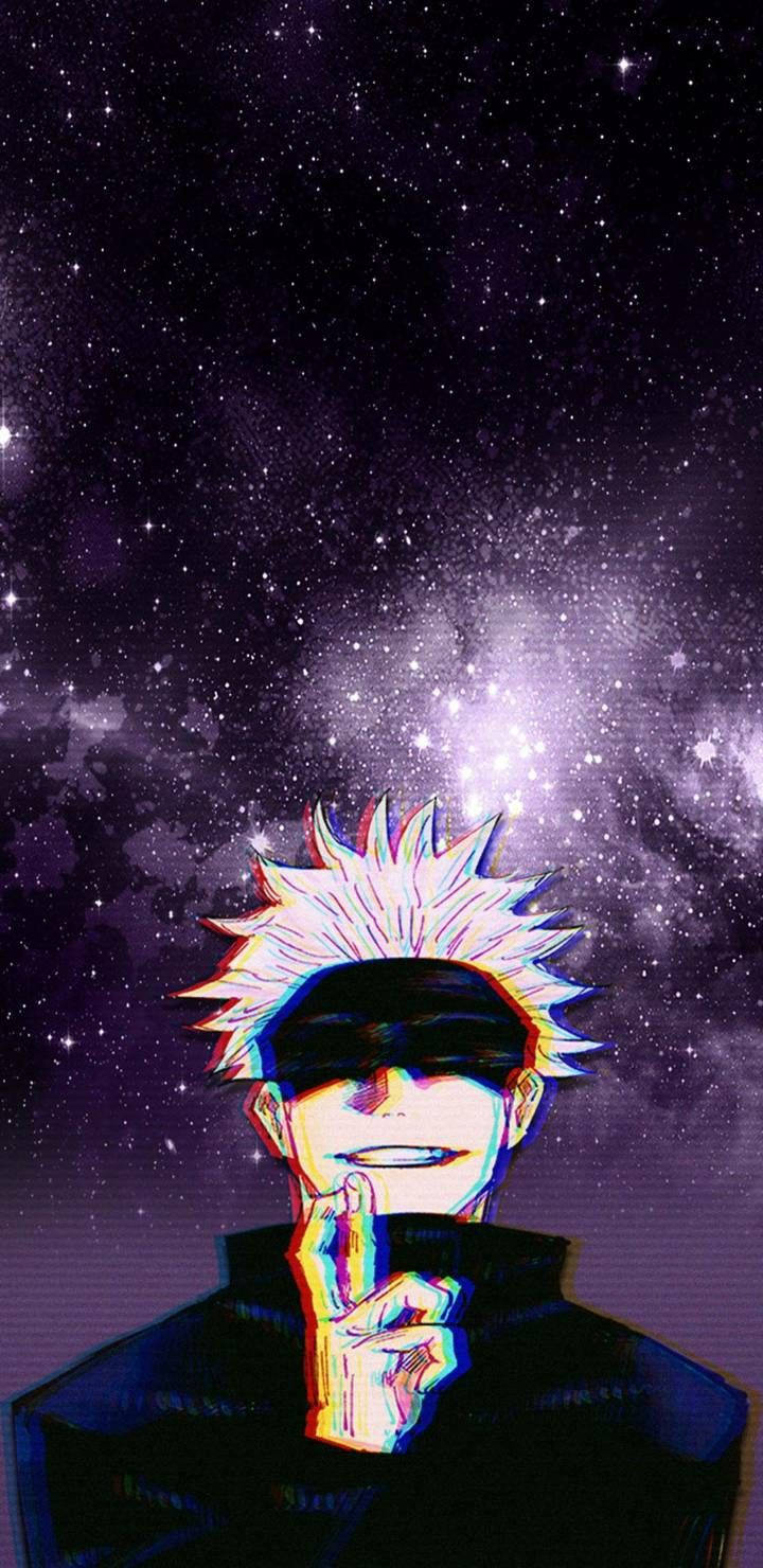 動漫角色，白髮，戴黑色眼罩，在星空紫色天空背景下將手指放在嘴唇上。