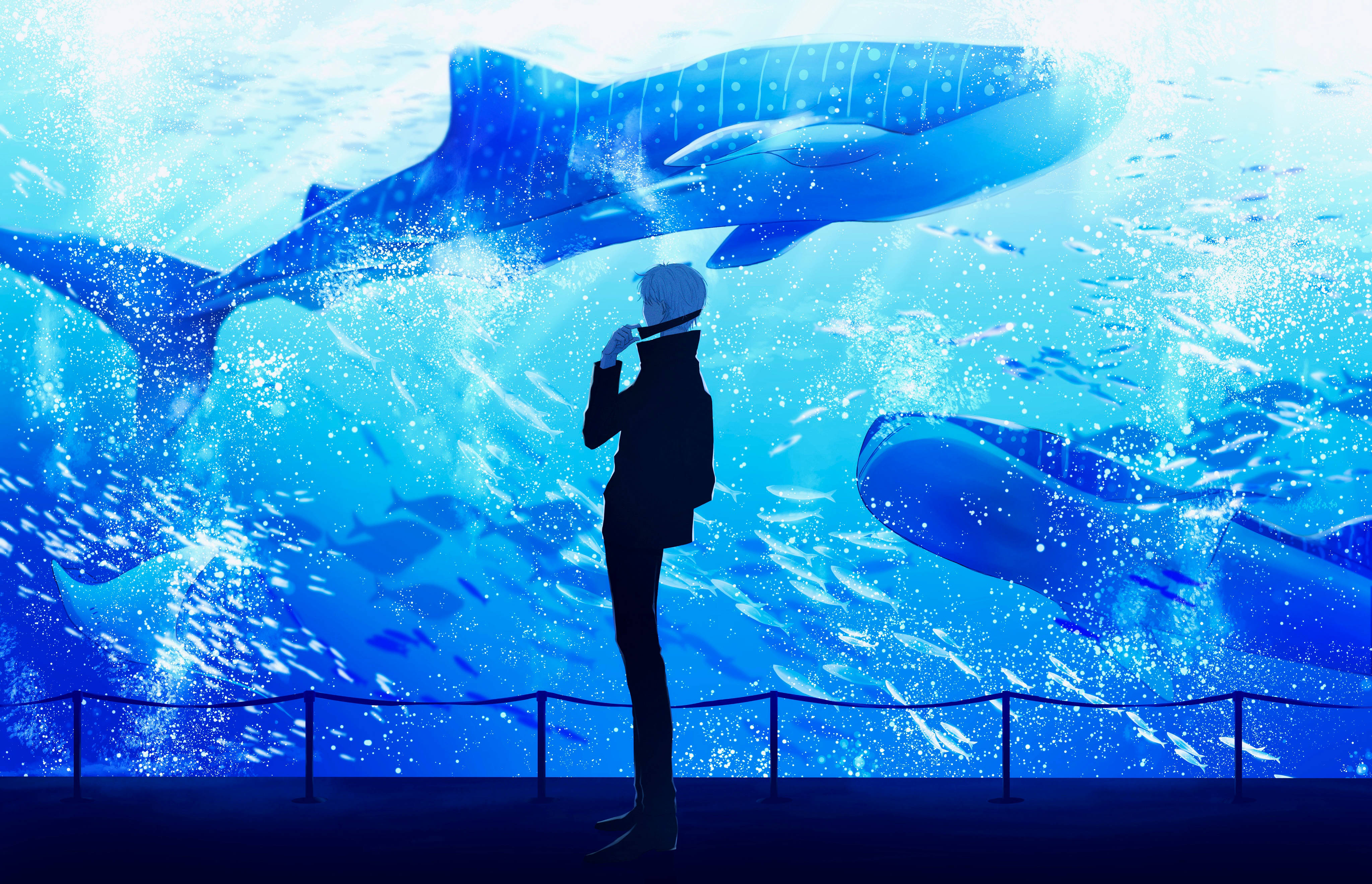Gojo Satoru 在水族館中 壁紙 — 一個穿著西裝的孤獨身影站在巨大的水族箱窗前，凝視著在燦爛藍色海水中游動的雄偉鯨鯊。