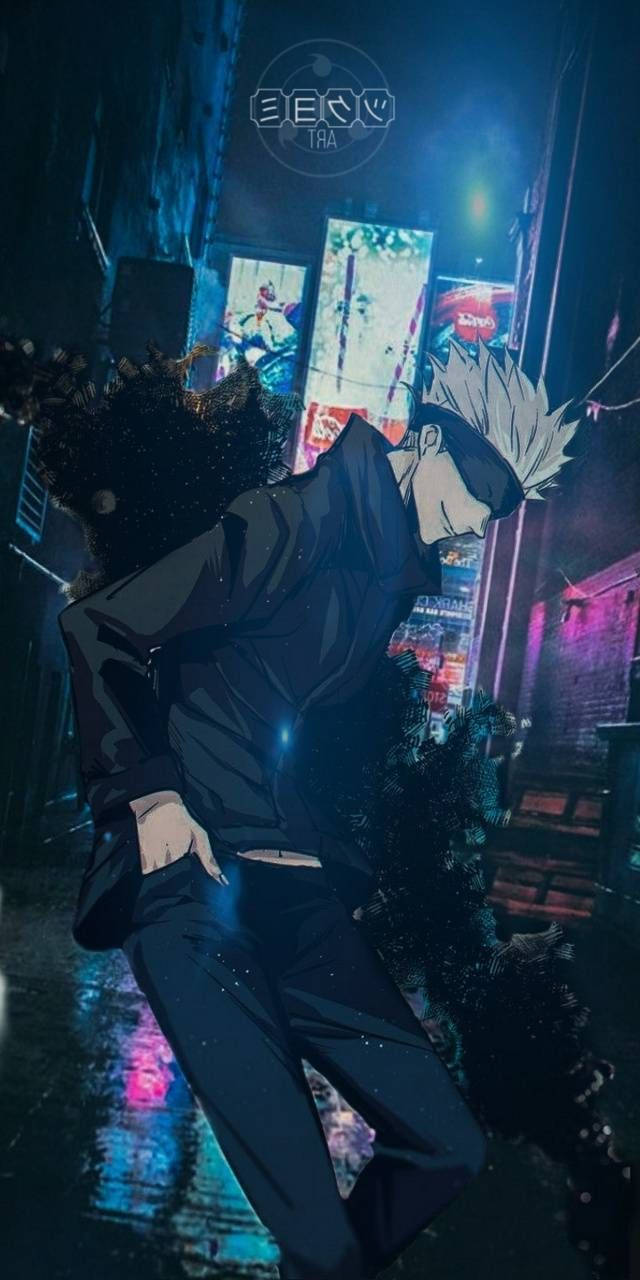 動漫角色在夜晚霓虹燈照亮的雨巷中行走