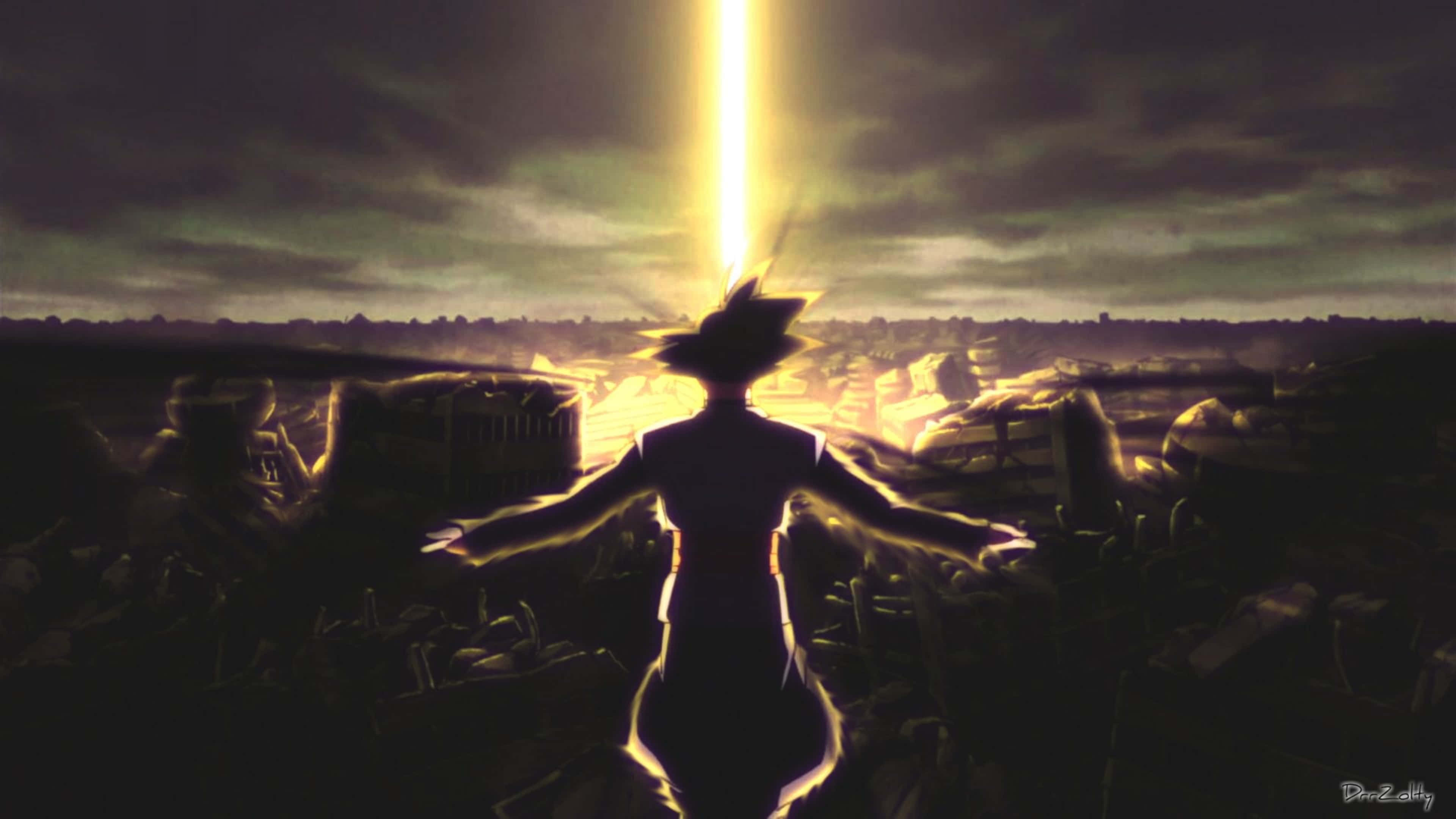 為Goku Black的4K超高清體驗燃起熱情！ 壁紙 — 一個孤獨的身影張開雙臂，站在廢墟城市景觀之上，一道耀眼的光束穿透暴風雨的天空。