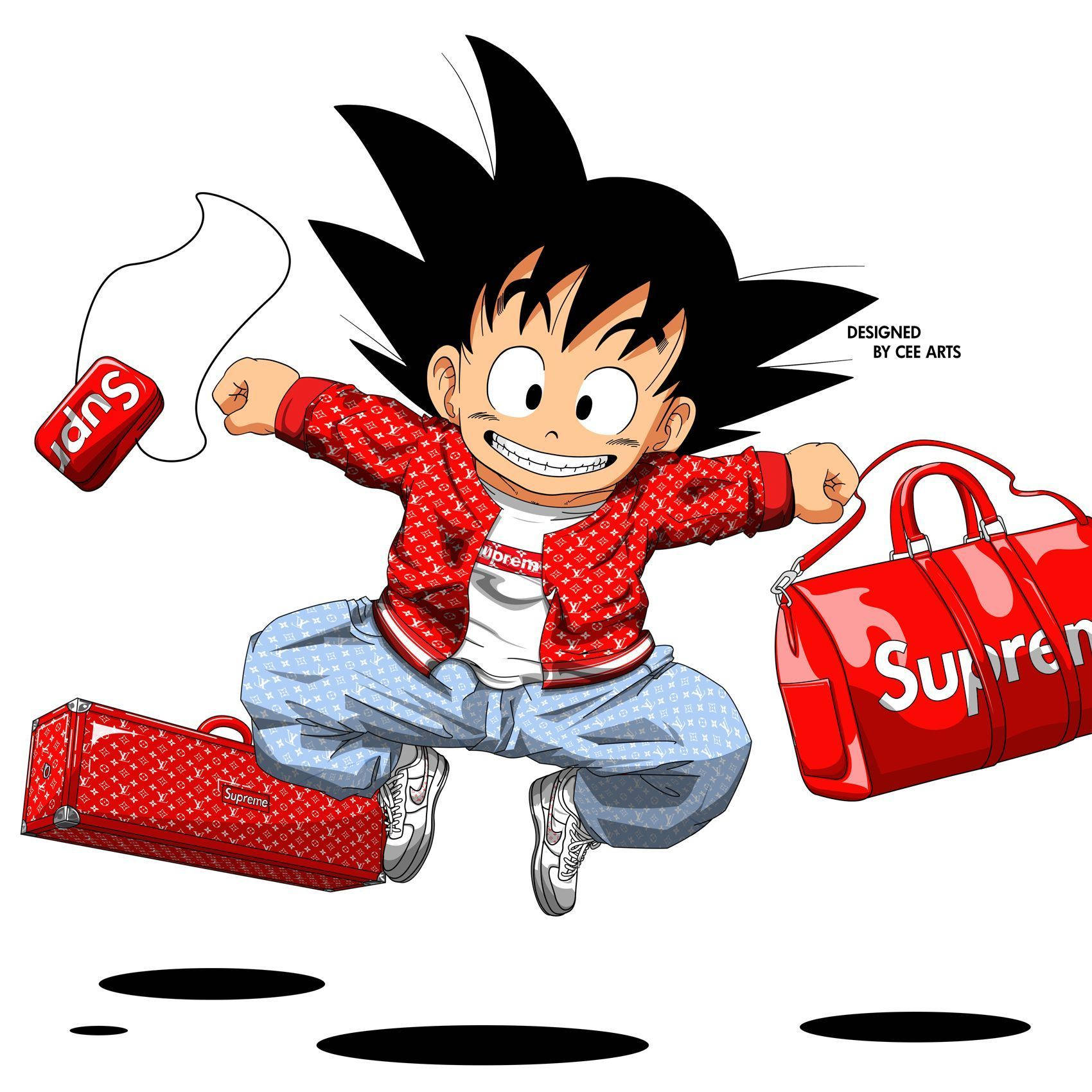 可愛Goku Swag造型為Supreme 壁紙 — 一個快樂的動漫小孩，有著刺刺的黑髮，在紅色Supreme品牌行李和配件的環繞下充滿活力地跳躍。