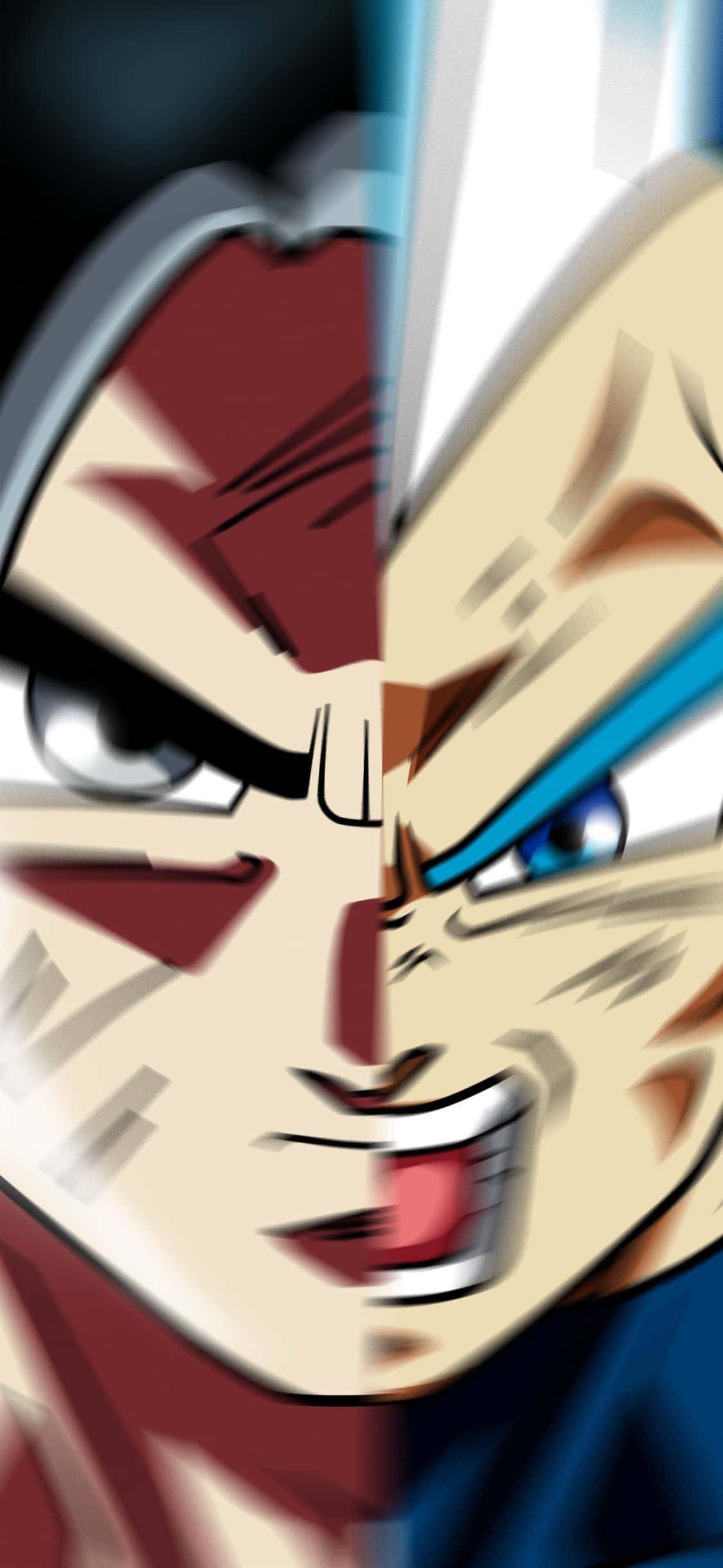 為 Goku 與 Vegeta 加入力量！ 壁紙 — 分裂面孔的動漫戰士，擁有強烈的紅藍眼睛，處於激烈的戰鬥姿態。
