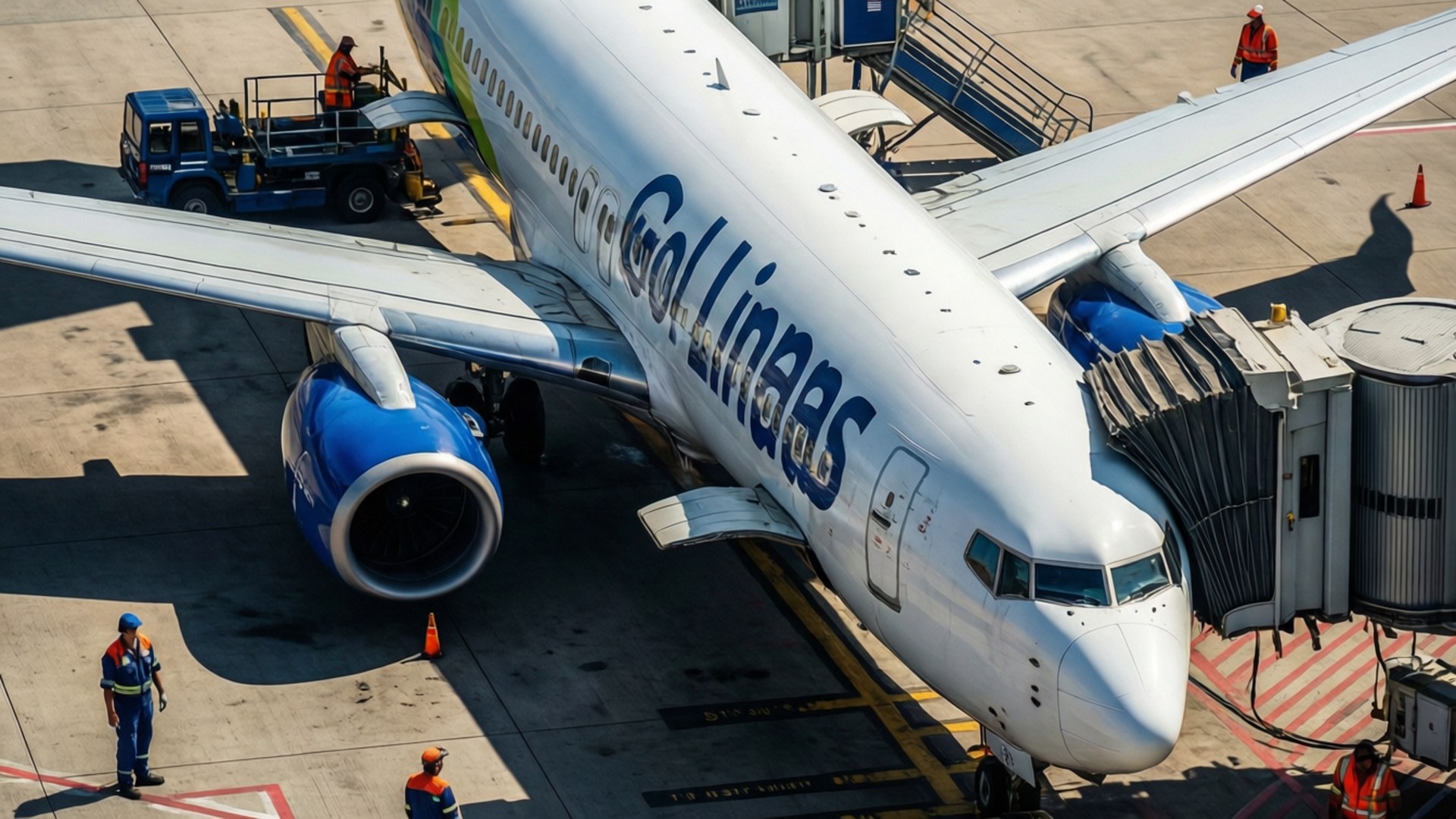 戈爾航空飛機在機場閘口，地勤人員和登機橋。