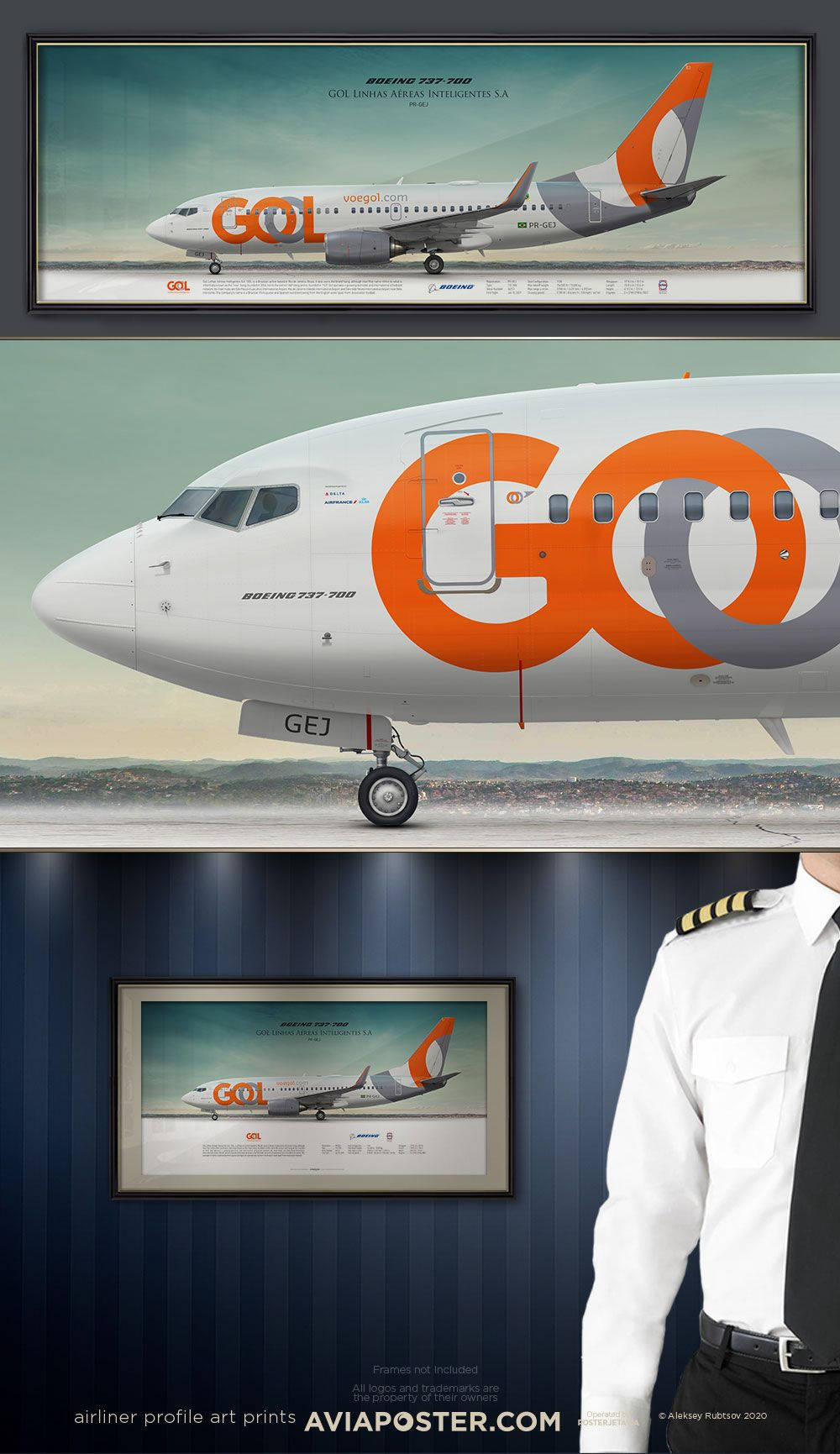 Gol 航空公司飛機飛行海報 壁紙 — 一幅裱框嘅波音737-800 GOL飛機藝術印刷品，展示喺深藍色牆壁旁邊，一位穿著制服嘅機長旁邊。