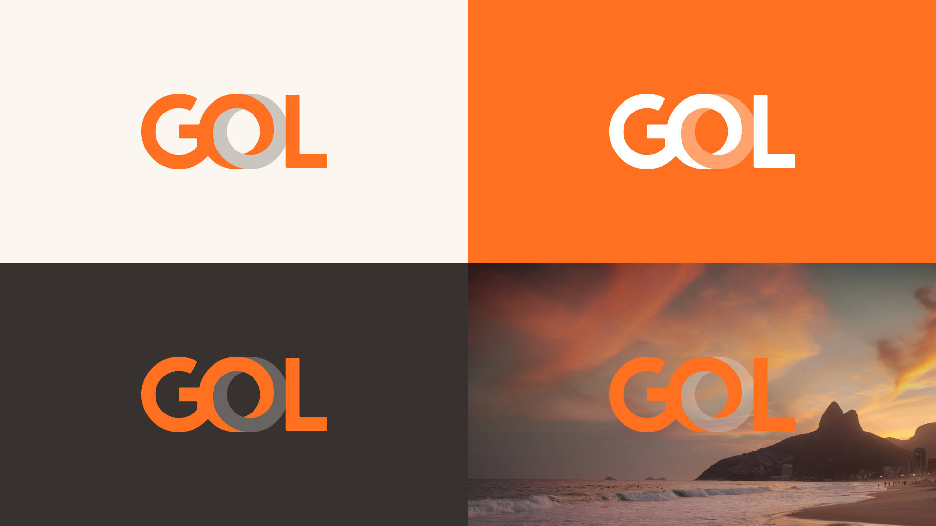Gol 航空公司標誌拼貼圖 壁紙 — GOL 標誌以四種變體顯示在對比背景上，包括日落海灘場景。