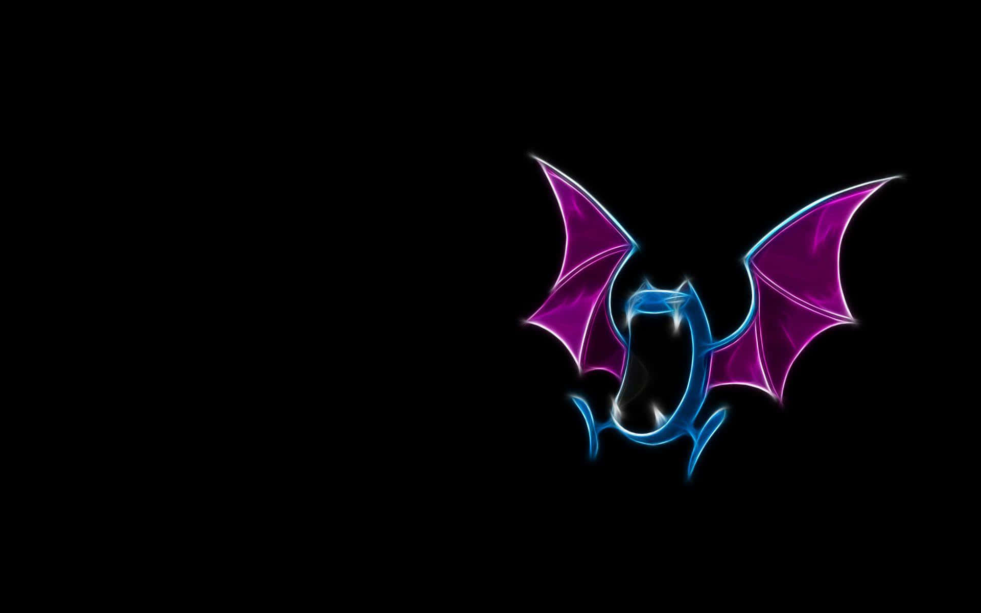 發光 Golbat 寶可夢藝術圖 壁紙 — 一隻發光的霓虹蝙蝠，帶有紫色翅膀和藍色身體輪廓，背景為純黑色。