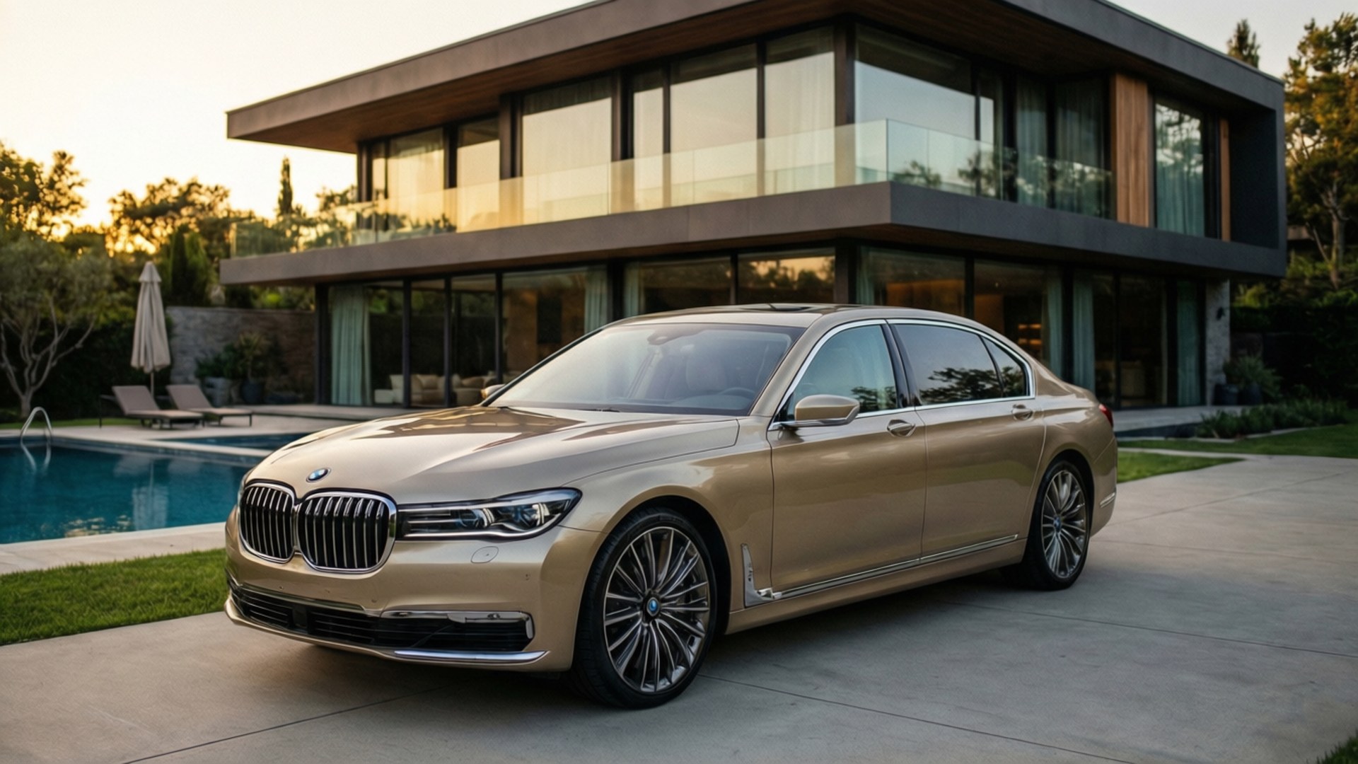 Bmw 7 Series 桌布 壁紙 — 一輛金色寶馬7系轎車停泊在日落時分現代玻璃屋前的車道上，旁邊有游泳池。