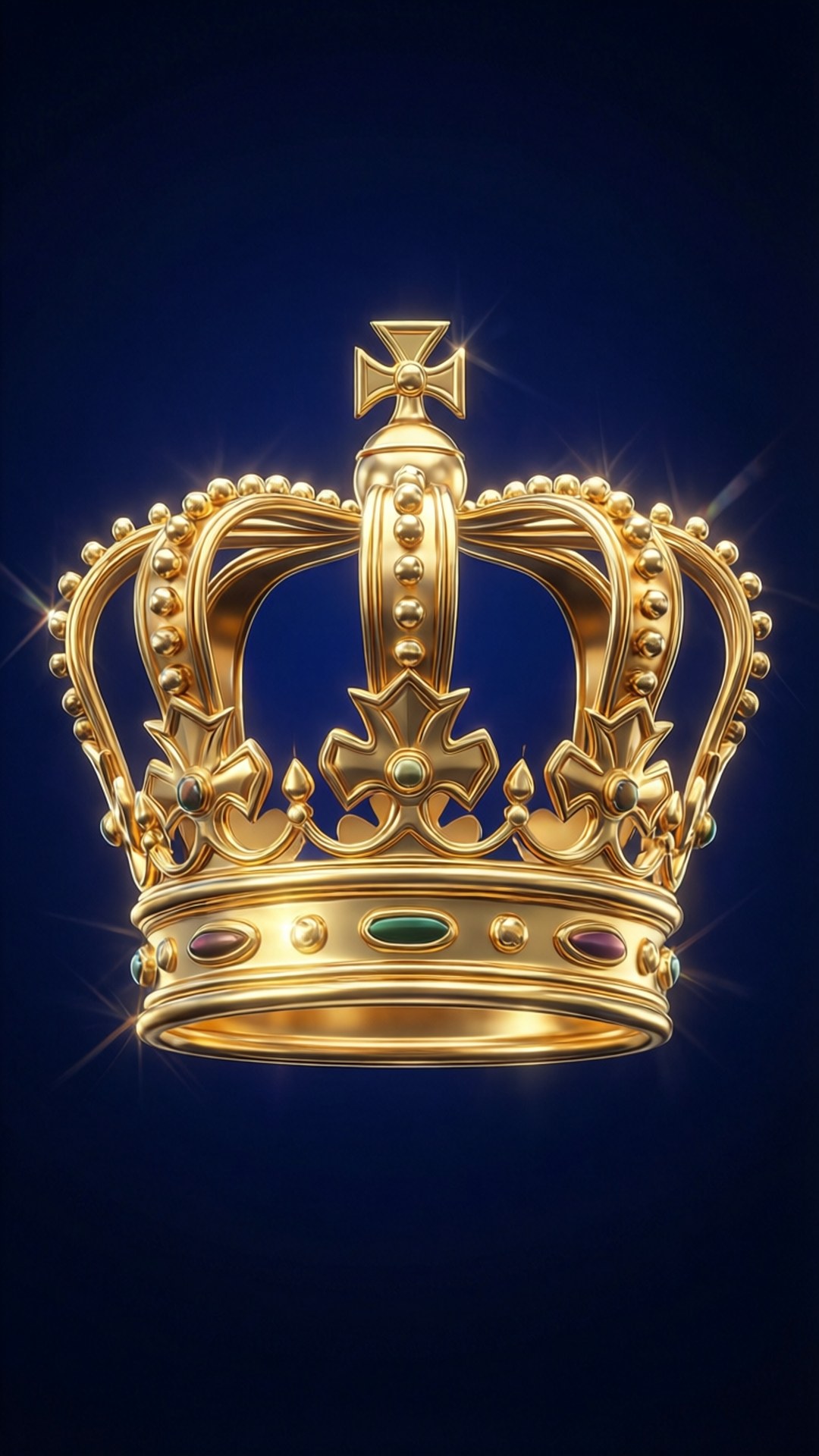 Gold Crown Blue Background 壁紙 — 一頂閃耀的金色皇冠，帶有精緻的鏤空花絲和鑲嵌的寶石，在深寶藍色背景上閃閃發光。