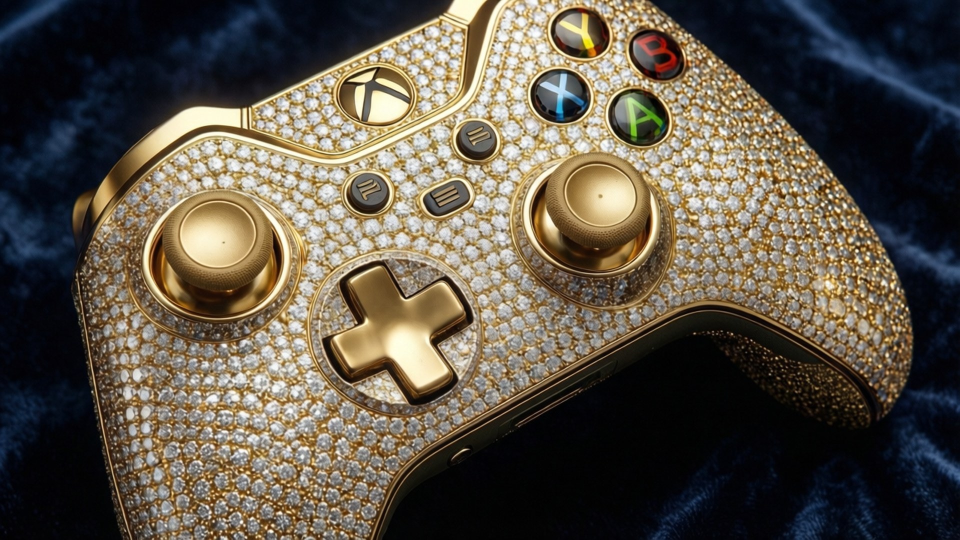 一個覆蓋著鑽石的金色 Xbox 控制器放在藍色天鵝絨布上。
