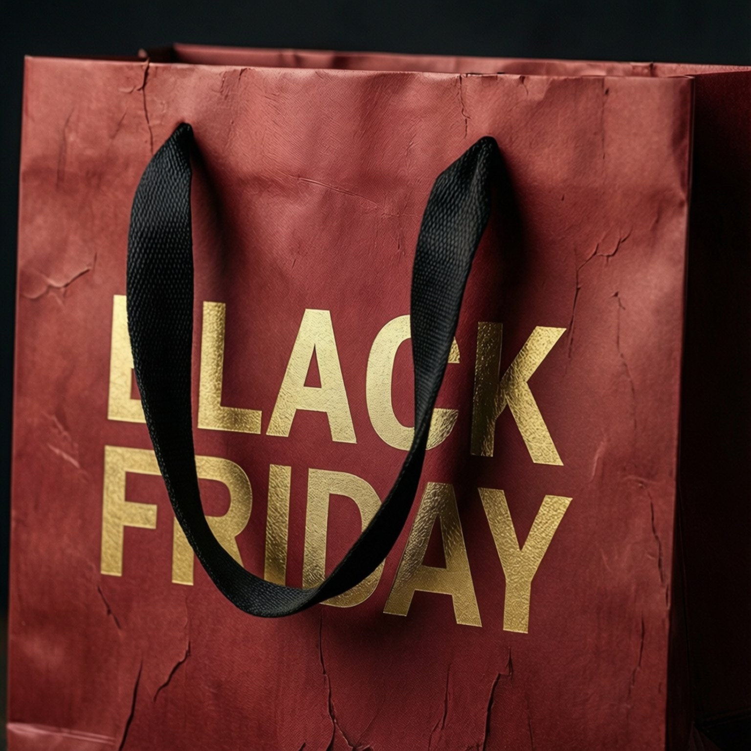 紅色購物袋，帶有金色 Black Friday 文字和黑色手柄