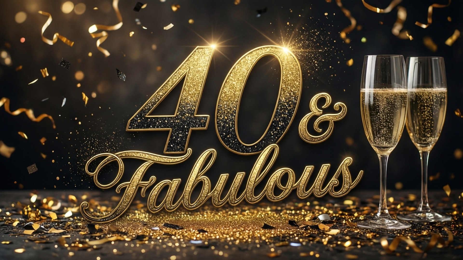 兩個香檳杯旁邊是閃爍的「40 & Fabulous」文字，深色背景上有落下的金色五彩紙屑