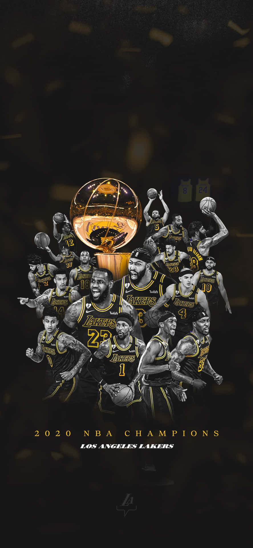  壁紙 — 一座金色的NBA冠軍獎盃在洛杉磯湖人隊球員身穿黑色和金色球衣、在彩紙飄落中慶祝勝利的動態拼貼畫上方閃耀。