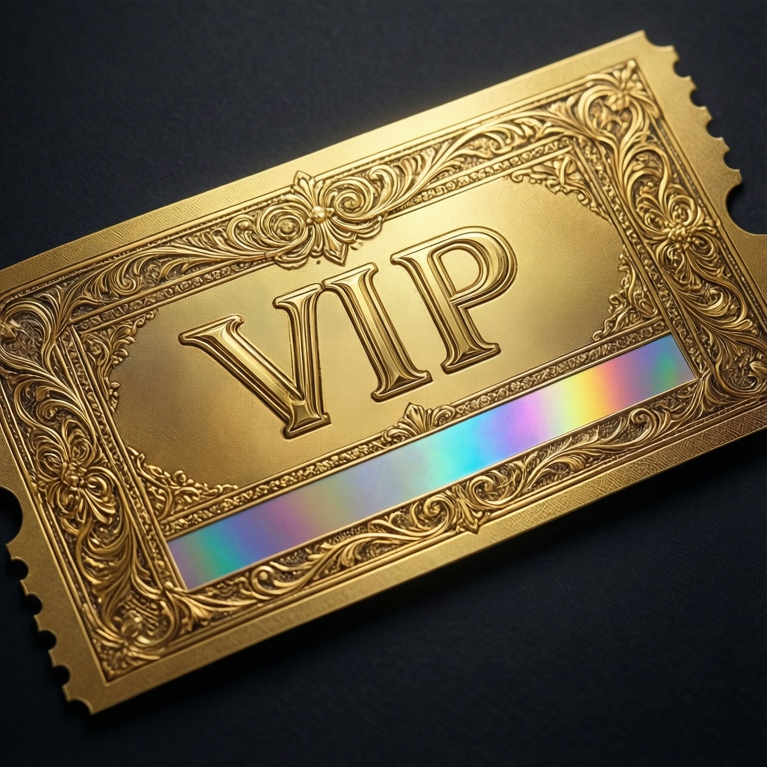 金色VIP門票，帶有精緻設計和彩虹條紋，深色背景